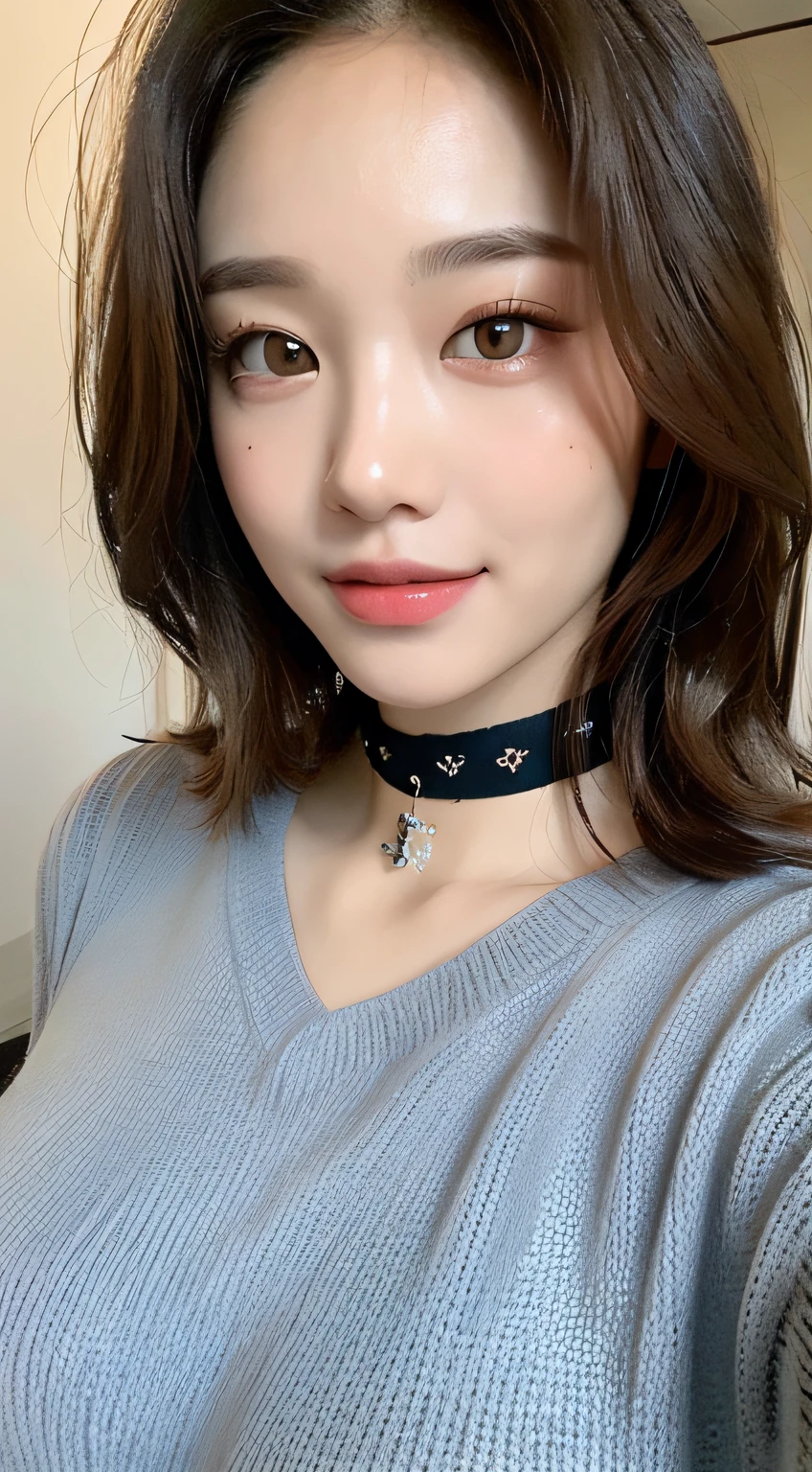 ((During the Day, Realistic lighting, best best quality, 8k, master masterpiece:1.3)), 1girl, Beautiful woman with a slim figure:1.4, (brownhair,), Long black sweater:1.1,super detailed face,delicated eyes,double eyelidwork,Sorrisos,Choker