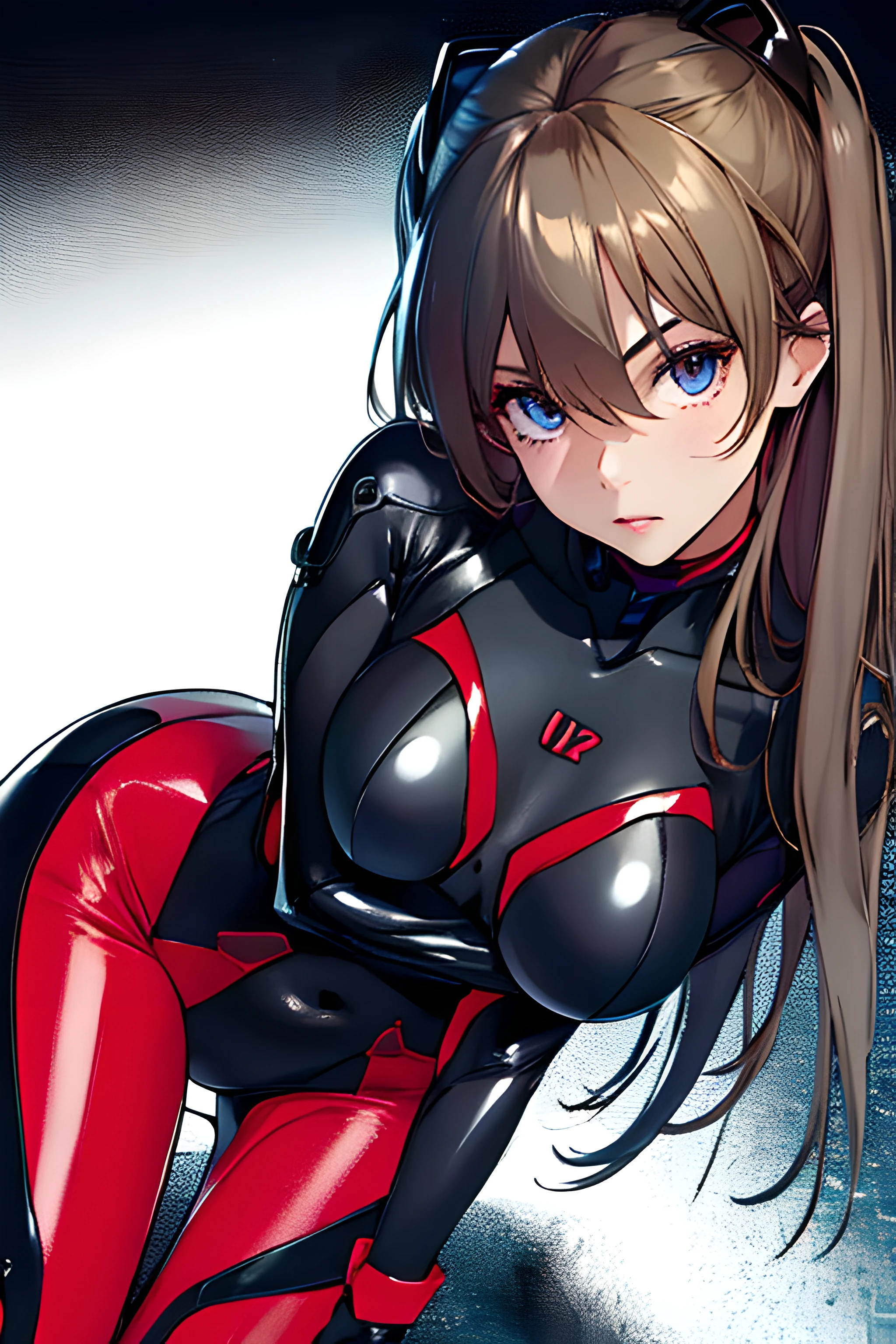 official arts, Unity 8k壁纸, ultra Detailed, Beautiful and beautiful, master masterpiece, best best quality, PhotoRealistic,full body portrait ,Do the tsundere motion of skin dents, Souryuu Tomorrow Shanglangley, Interface headset, Bodysuit Under Clothes, Detailed eyes, Detailed face, detailed hair, with a black background, Straight Forward, looking at the viewers, Shiny,