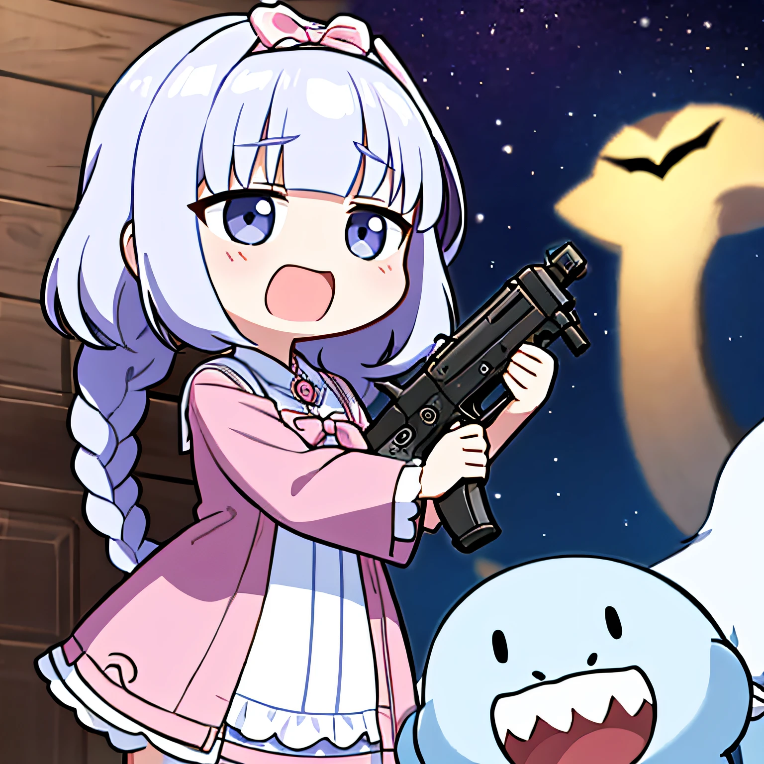 Kanna Kamui brava segurando uma pistola grande, chibi, Sozinho, cabelo branco, Braids, vestido rosa, roupas rosa, mangas longas, gravata borboleta rosa, pink bow on head, chifres, gargantilha, irritada, muito zangada, gritando de raiva, espumando de raiva, pistola, emote