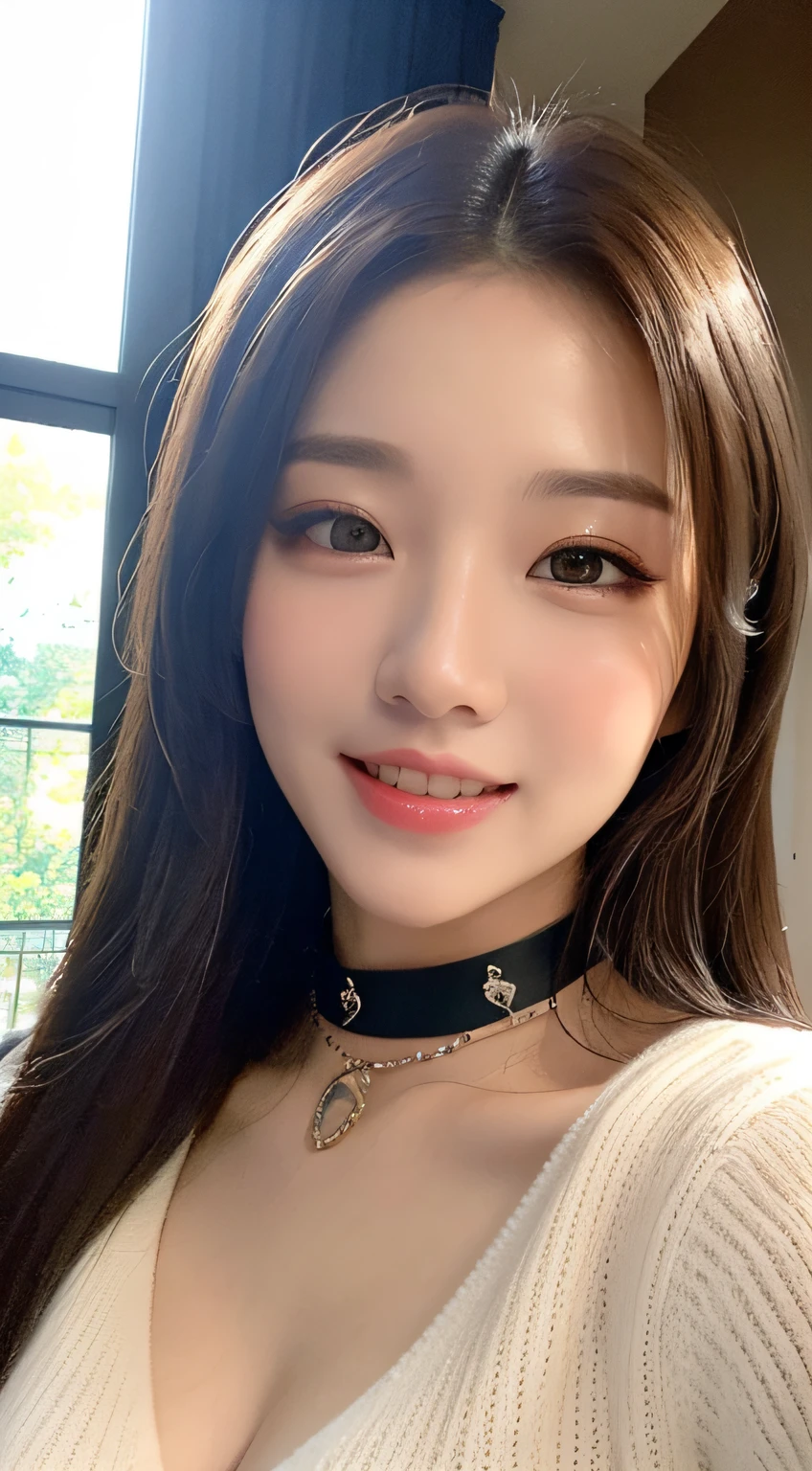 ((During the Day, Realistic lighting, best best quality, 8k, master masterpiece:1.3)), 1girl, Beautiful woman with a slim figure:1.4, (brownhair,), Long black sweater:1.1,super detailed face,delicated eyes,double eyelidwork,Sorrisos,Choker