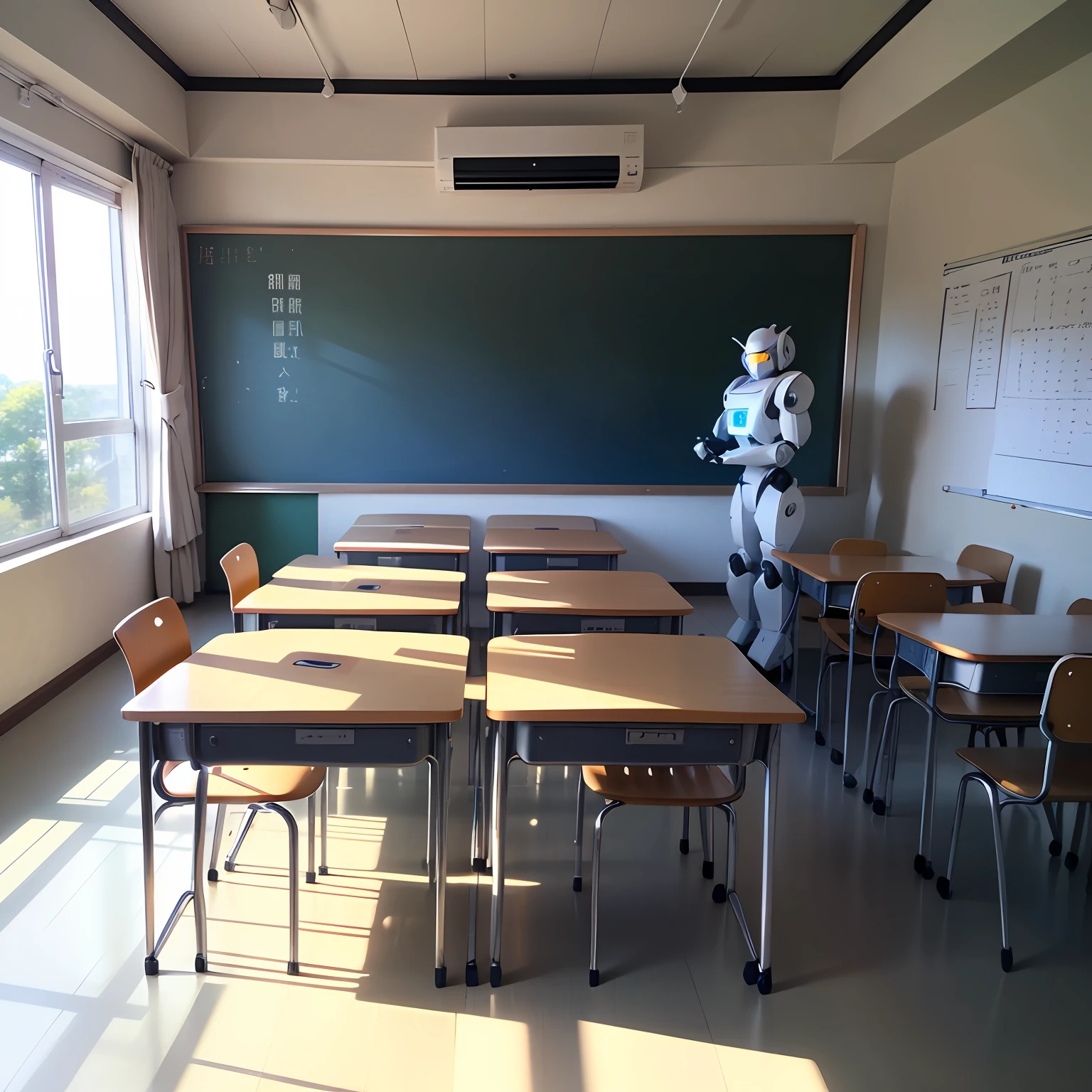 A bright classroom,(有6个小朋友坐在凳子上1.8),A one(White,-shell robot)standing at(dais)Teaching with multimedia,(Blue table),Multimedia playback of pinyin instructional videos --auto