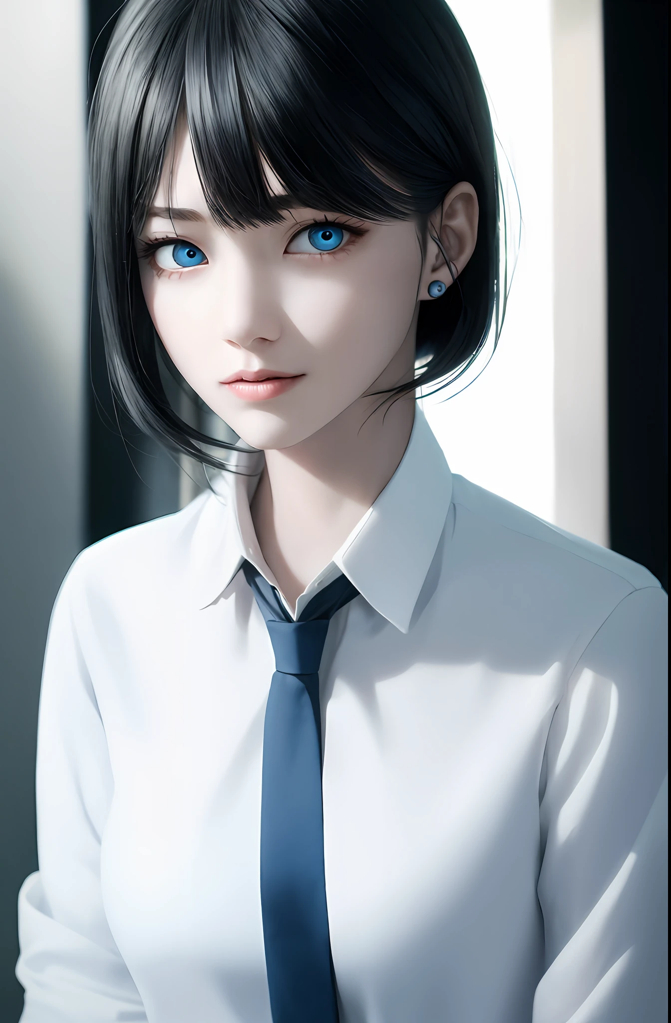 Masterpiece, (Photorealistic: 1.4), Top Quality, Beautiful Lighting, (ulzzang-6500:0.5), Makima \(Chainsaw Man\), (Bob Hair) + (Black Hair) + (Bangs), Blue Eyes, Blue Eyes, (((Ring Eyes)), (White Shirt), (Tie), RAW Photography, 8k UHD, Film Grain