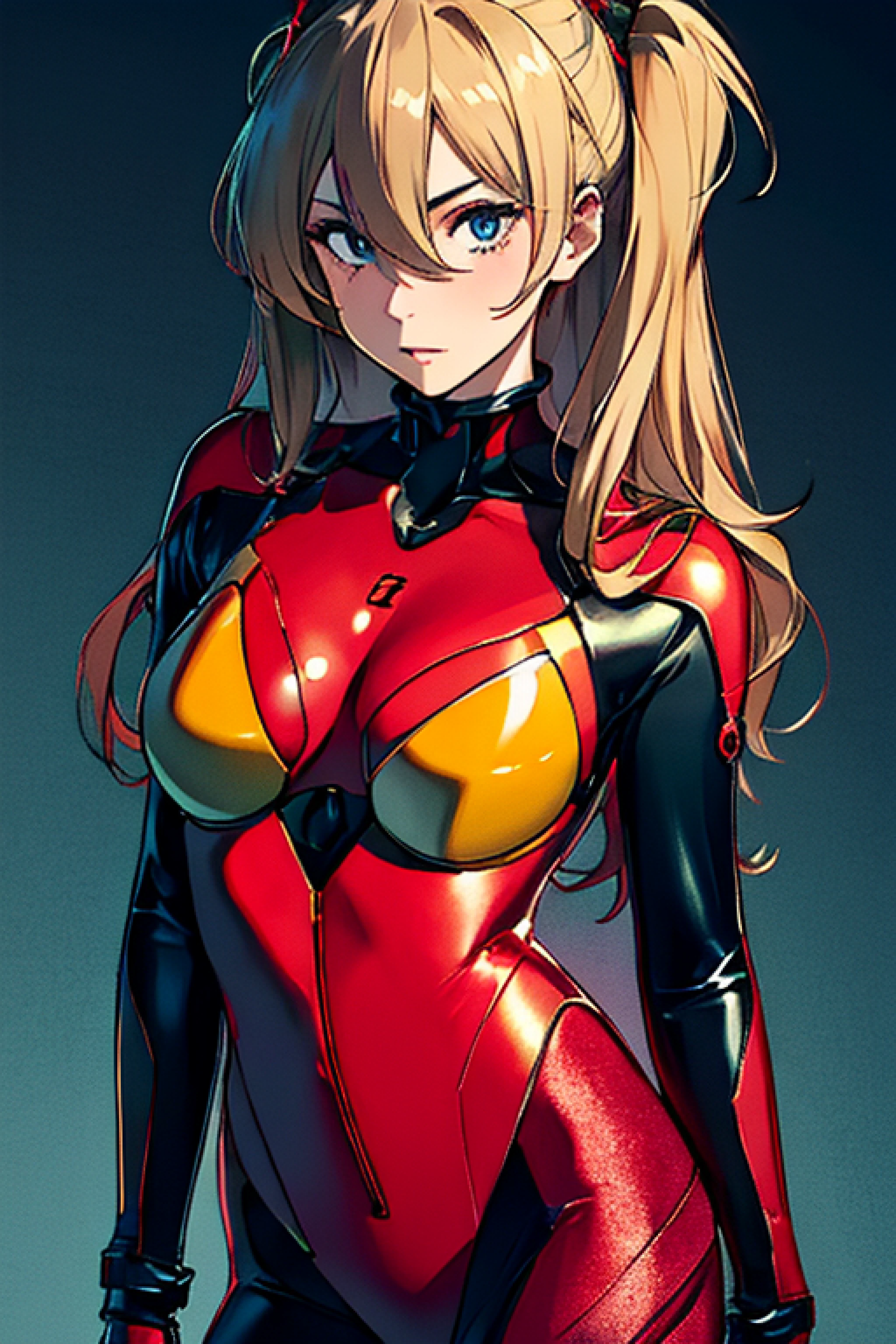 official arts， Unity 8k壁纸， ultra Detailed， Beautiful and beautiful， master masterpiece， best best quality， PhotoRealistic，full body portrait ，Do the tsundere motion of skin dents， Souryuu Tomorrow Shanglangley， Interface headset， Bodysuit Under Clothes， Detailed eyes， Detailed face， detailed hair， with a black background， Straight Forward， looking at the viewers， Shiny，