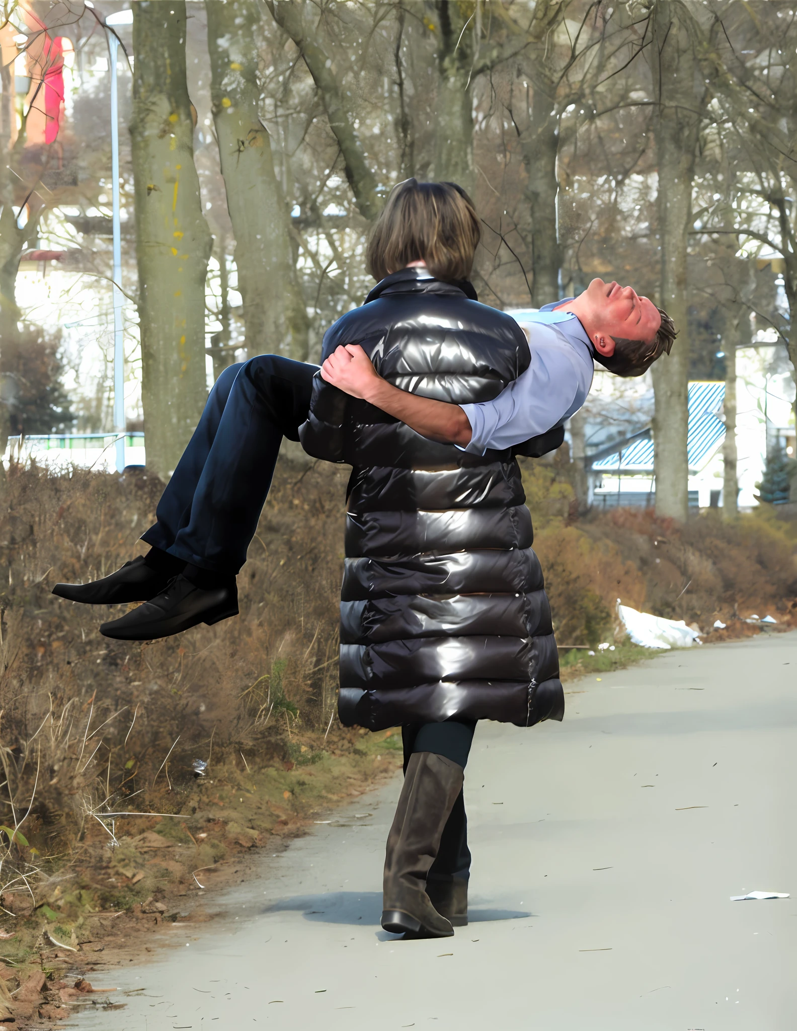 affection pose, lecherous action pose, dramatic action pose, theatralic pose, woman that is carrying a skinny man, there is a beautiful woman in a shiny coat who is carrying a blond man in her arms, a longhaired beautiful woman in a high-shine black puffy coat, a longhaired woman in a shiny downcoat, a woman is carrying a shorthaired man who is wearing black shorts, a weak man in black shorts is consciousless and needs to be carried, a shorthaired man with closed eyes is carried in the arms of a longhaired woman, a woman looks very scared and terrified, a consciousless man with closed eyes is suffering very much and has a very painful face, photo, photo shoot, photographed , accident, help, aid, first aid, pity, they are walking down the street carrying each other, future inflatable jacket, slightly sunny weather, wearing a plastic garbage bag, by Jan Rustem, warm sunshine, posing like a falling model, action shot girl in parka, photoshoot, behind the scenes, on ground, air is being pushed around him, no surroundings, levitating, wearing a flying jacket