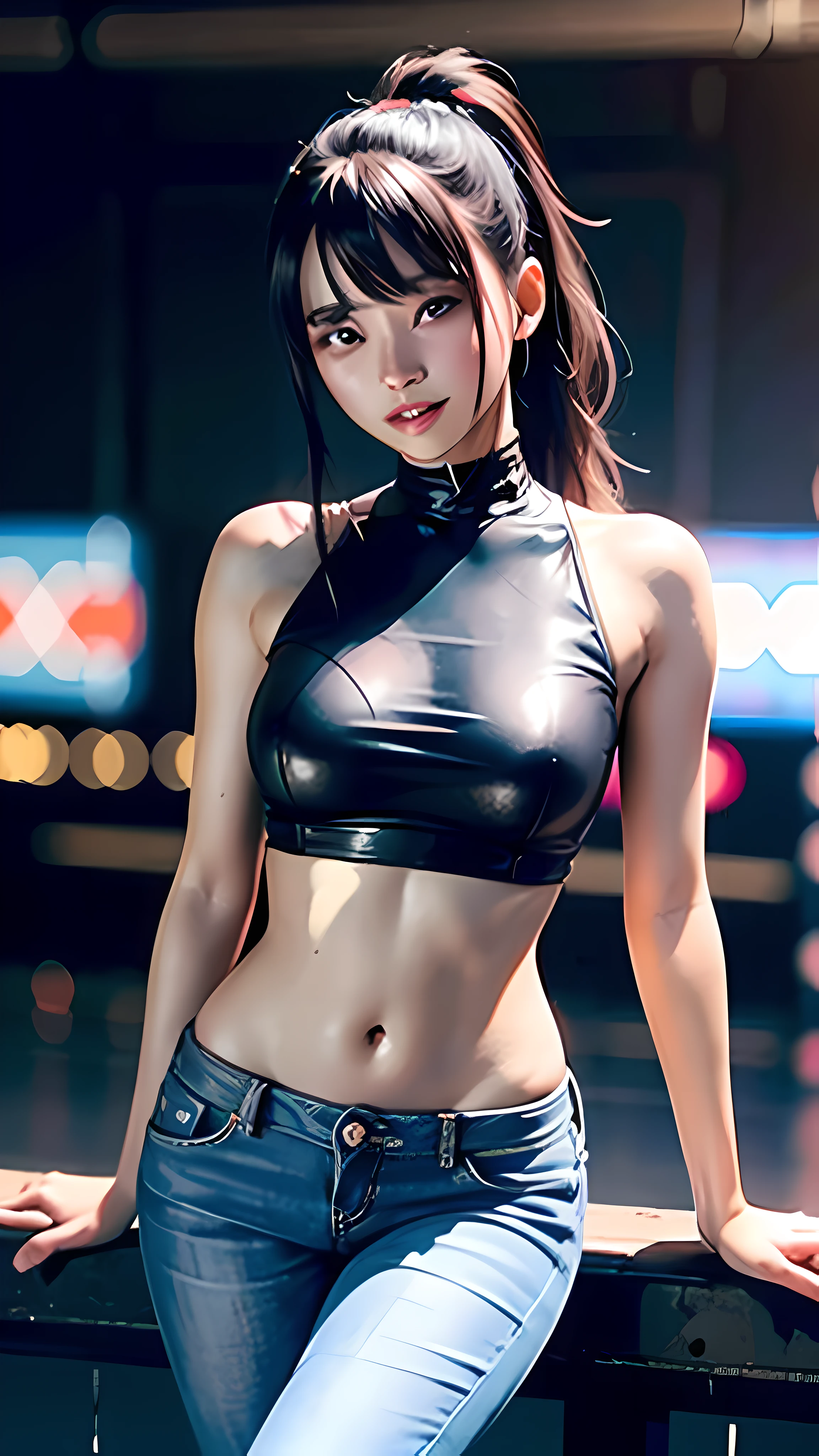 ****ta，, Sorrisos, 20 years old, ((best best quality)), ((master masterpiece，)), (high sharpness:1.3), 3D, beautiful (cyberpunk:1.3), stylish woman looking at camera black leather clothes, sleeveless, embarrassed, waist skin invisible, blue color、-Black Jeans