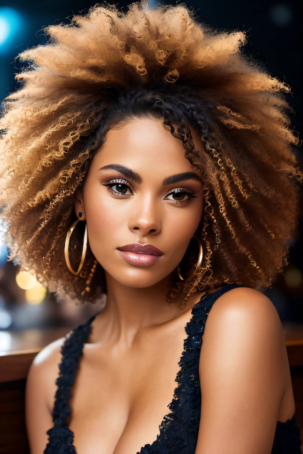 portrait photo of TinaKunakey, huge afro, beautiful woman hair updo upsweep nightclub sitting at bar (masterpiece) (best quality) (detailed) (8k) (HDR) (wallpaper) (cinematic lighting) (sharp focus) (intricate)