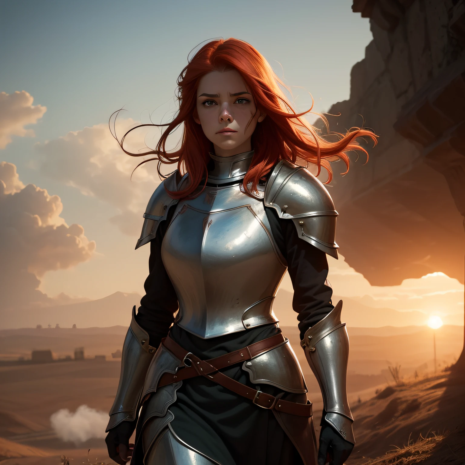 (masterpiece), (best quality), (ultra detail), (1girl), A muscular red haired female knight with green eyes and freckles walks across a smokey battlefield, long hair, windblown, dirt on face, exhausted, victorious, mature woman, dented armor, bastard sword, sunrise, medieval, fantasy, outside