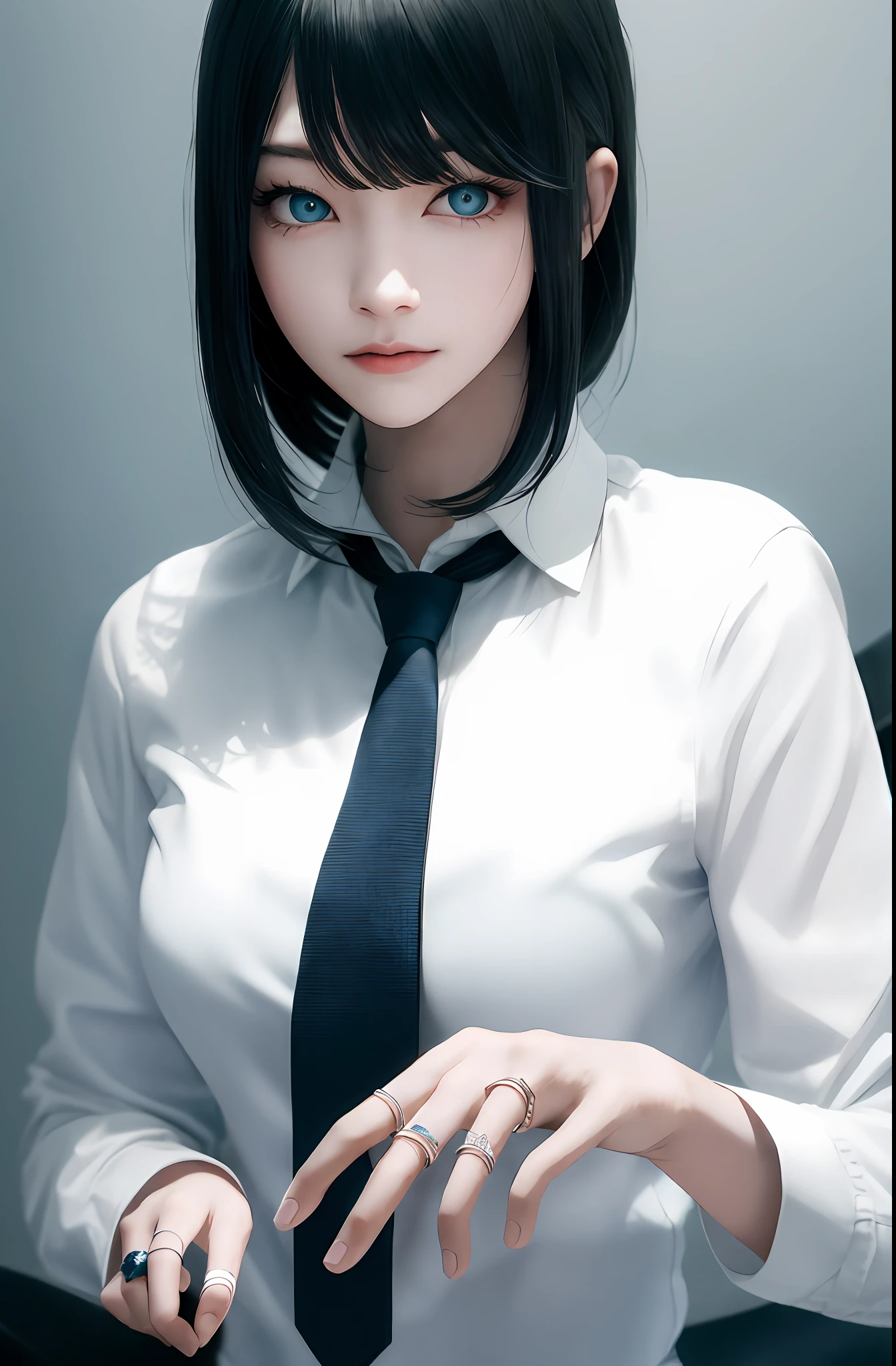 Masterpiece, (Photorealistic: 1.4), Top Quality, Beautiful Lighting, (ulzzang-6500:0.5), Makima \(Chainsaw Man\), (Bob Hair) + (Black Hair) + (Bangs), Blue Eyes, Blue Eyes, (((Ring Eyes)), (White Shirt), (Tie), RAW Photography, 8k UHD, Film Grain