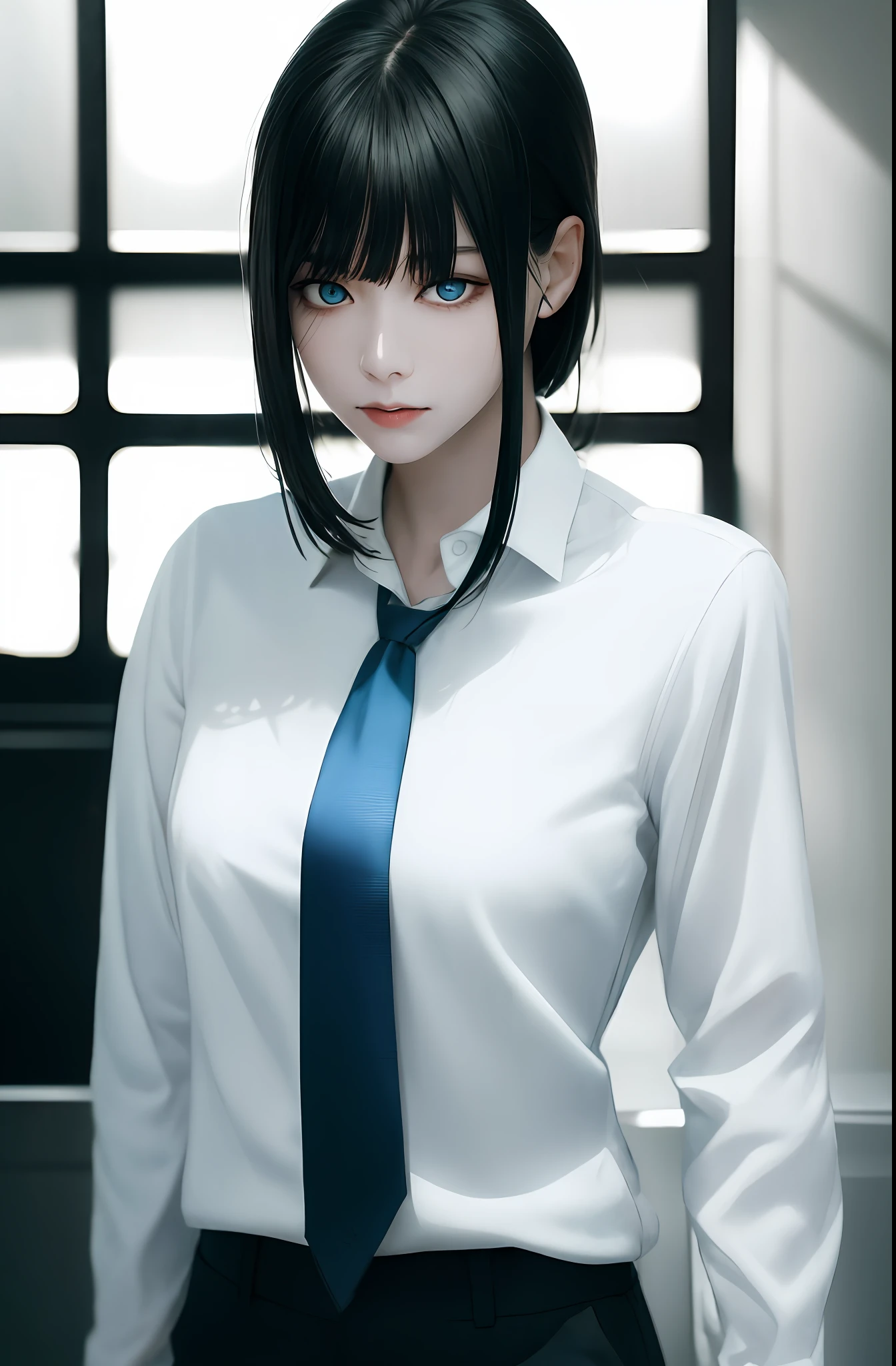 Masterpiece, (Photorealistic: 1.4), Top Quality, Beautiful Lighting, (ulzzang-6500:0.5), Makima \(Chainsaw Man\), (Bob Hair) + (Black Hair) + (Bangs), Blue Eyes, Blue Eyes, (((Ring Eyes)), (White Shirt), (Tie), RAW Photography, 8k UHD, Film Grain