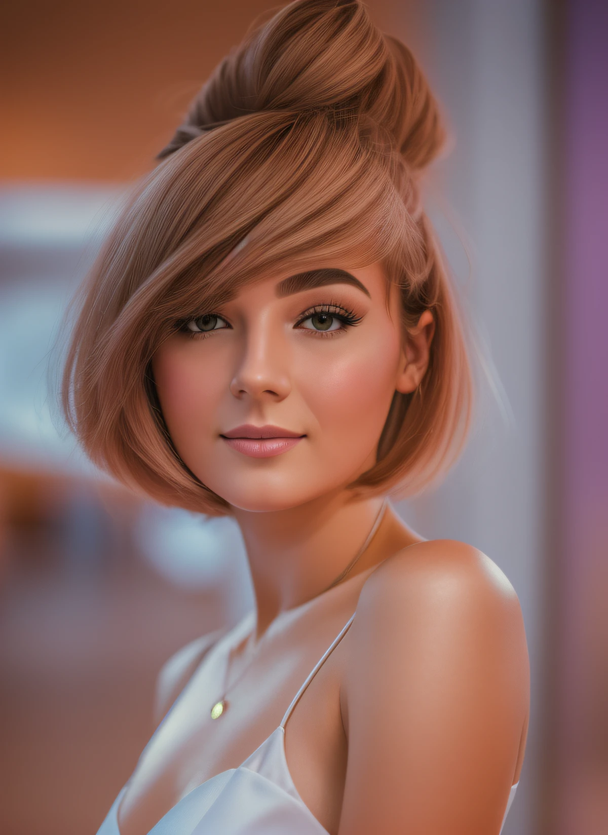 young Maria Lopukhina, an employee of the Savings Bank (portrait in the style of David Barnett · Newton Hellmuth · Yuri Arkurs), makeup, background of the bank's reception,
(short wet hair, eggplant shade: 1.2),(deep detail of eyes and skin: 1.2),smile,
Correct Body Anatomy, RAW, Highly-Professional Light, Detailed, Perfect Gradient, Masterpiece, DSLR, 8k UHD,
Canon EOS RP Body, HTF, ISO200, f/2.8, 70mm