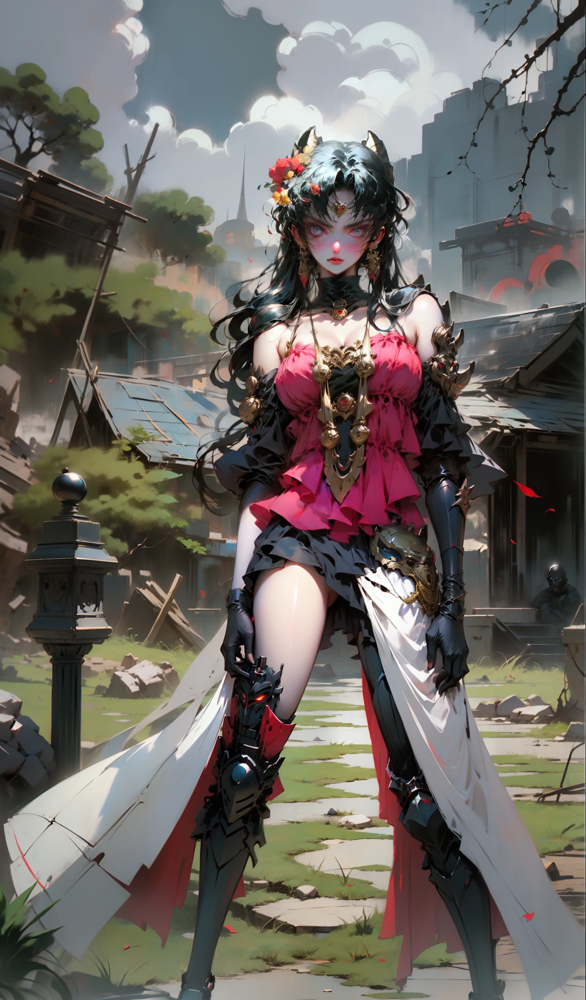 Goth,, , Armadura oriental,4k, cabelos negros com pontas vermelha, Fox mask on top of head