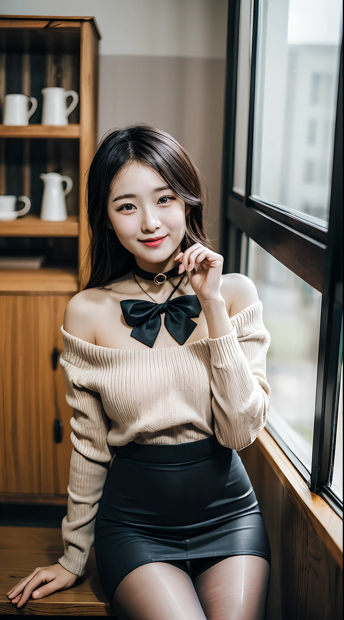 8k 超高清， digital SLR camera， filmgrain， 富士 XT3，（best best quality：1.3）， （master masterpiece：1.1）， great resolution， cinematic light， Complicated Detail， （PhotoRealistic）， Exterior， Beautiful outside， IT was sunny，
Korean girls，（In the café：1.5） ， Dimples， bobed hair， looking at the viewers， detailded， Ribbon， bow Tie， Naked Shoulders， ribbed sweater，
pencil skirt，high waist skirt，head rest，sitting，inside room，
 Choker，black pantyhoses，sheet transportation sweater，（Sorrisos），（total body：1.6），Slender，