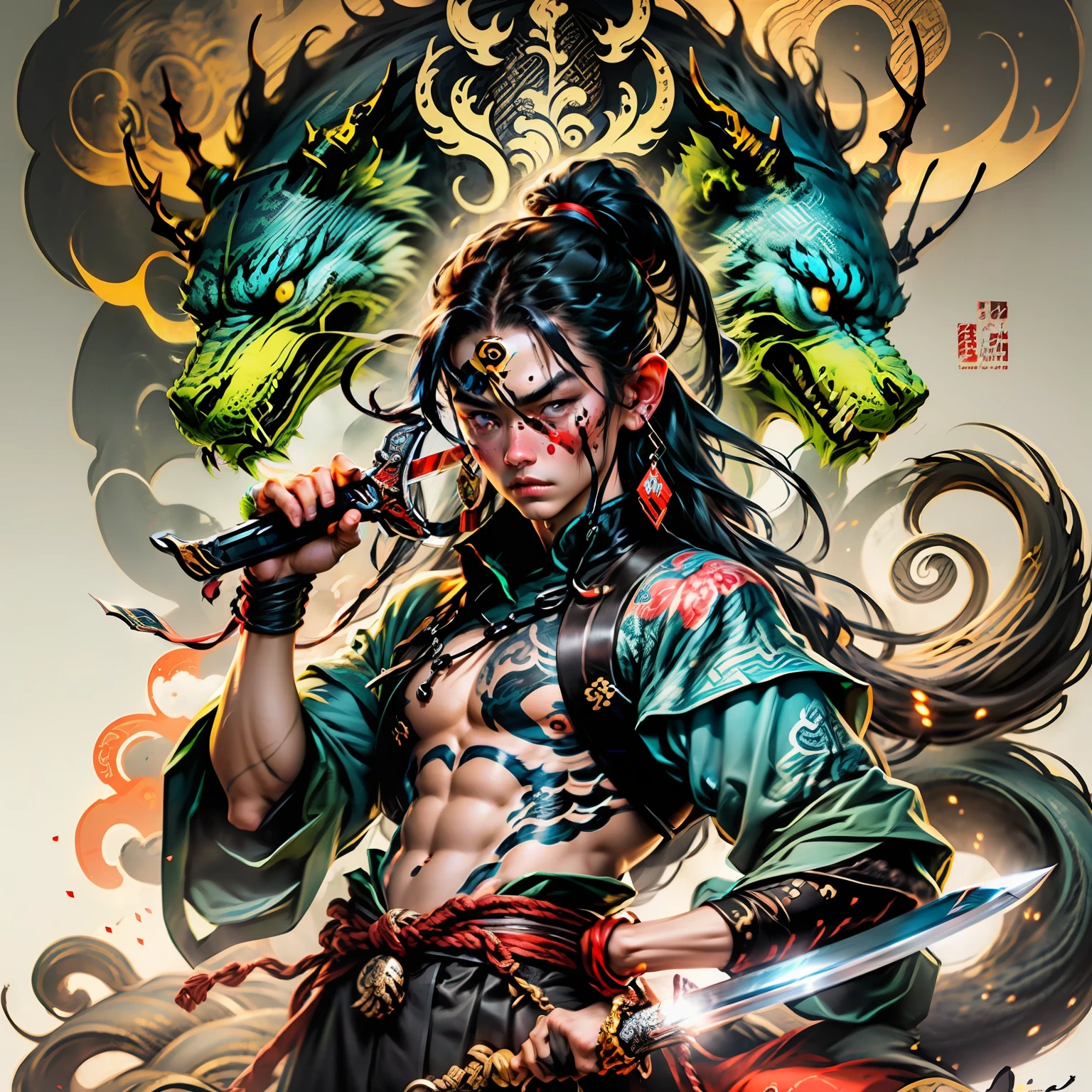 Cartoon characters movie poster style hot blood burning Chinese male ancient style long hair sword