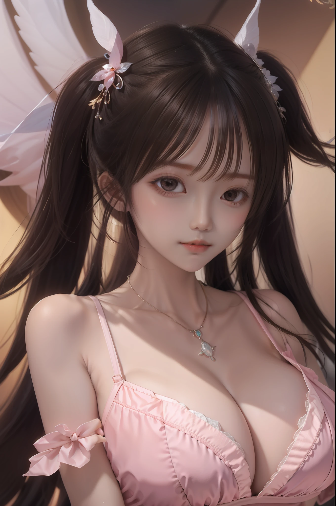 1girl, solo, jewelry, necklace, viewing viewer, long hair, Twin Tails, realisitc, hair bangs，, Hair Ornament, s lips, Collarbone，, closed Mouth, brown  hair, （Fine hair accessories：1.4）, Pink lace lingerie：1.4）, gigantic tits, Breasts Ahh, upper  body, Sorrisos,