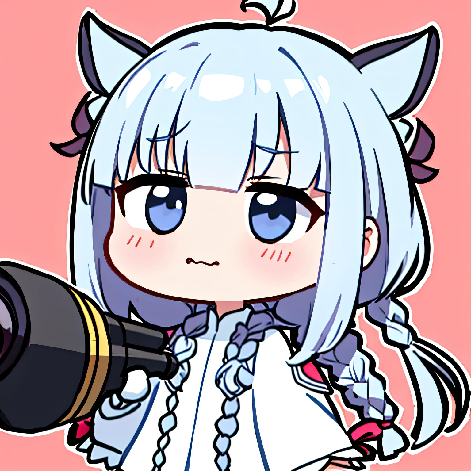 Kanna Kamui brava segurando uma pistola, chibi, Sozinho, cabelo branco, Braids, vestido rosa, roupas rosa, mangas longas, gravata borboleta rosa, pink bow on head, chifres, gargantilha, irritada, muito zangada, gritando de raiva, espumando de raiva, fundo branco, emote