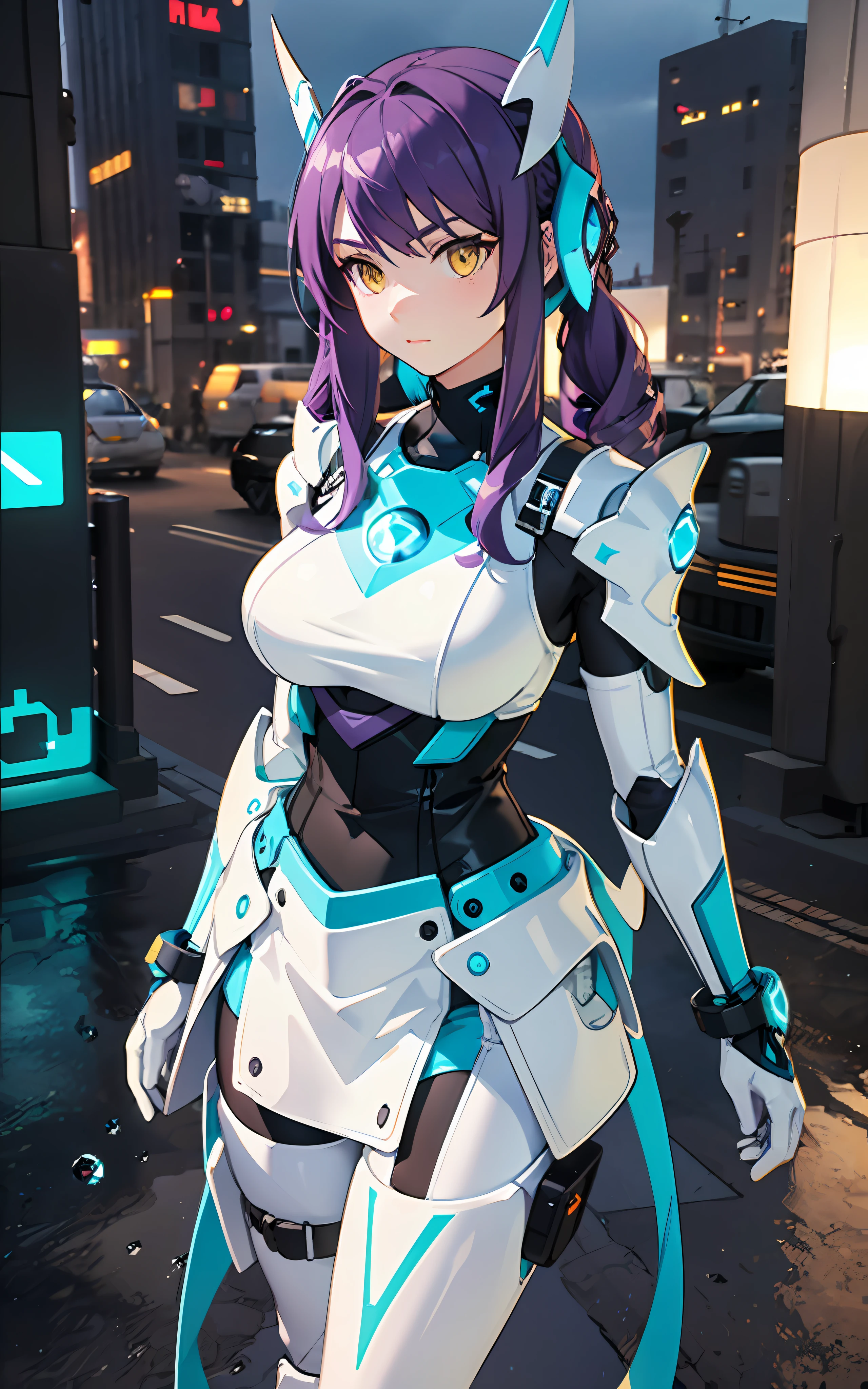 complex anime 3d render ultra detailed, (((masterpiece))), (((best quality))), ((ultra-detailed)),(3D Cartoon rendering),(from side),cinematic light,((single mechanical girl)),({best quality}),(Ultra Fine),(full detail),delicate youthful face,well_developed curves,hourglass_figure,perspective,beautiful_face,high_quality_outfits,futuristic_outfits,silght_blush,full_body,full detail face,protective outfits,Honkai_Impact,sexy,anatomical,Ray Trace;

(purple hair:1.5),indigo hair tips,aqua ahoge, (violet drill twintails with hairpin at end),(two long fin-shaped mechanial white and aqua hairpins,pointing upwards),one long white mechanic triangle tipped head oranment,(silver headband around forehead);(exquisite gem-like yellow eyes:1.6,white cross pupil),cyan goggles on headwear ,aqua frame,aqua lens;one hexagon aqua locket on breast;

Futuristic battlesuit,armored battlesuit,combat ready,covering all body,white armor streamlined shoulder pads,black long slender sleeves,ceramic mechanic white arm bracers with aqua trims,white bracelets,black gloves,white vest,white tanktop with aqua_colored traces,black armored corset,two glowing aqua buttons on corset,aqua zipper along corset,v-shaped white waistband with four gadget holsters,aqua waistband,(white scifi armor dress,knee-length aqua edged hems),(,white and aqua-edged armor tassets),(white pantyhose) with hexagon aqua linings,silver waistband with gadget holsters,knee bracers;silver mechanic boots,heeled boots; White mechanic backpack on back;

Rainy weather,night,clouds in background,heavy rain weather,raindrop on face,clear sky in background,standing,overlooking city from midair,calm expression,vigilat gaze,stretching hands,standing,looking forwards