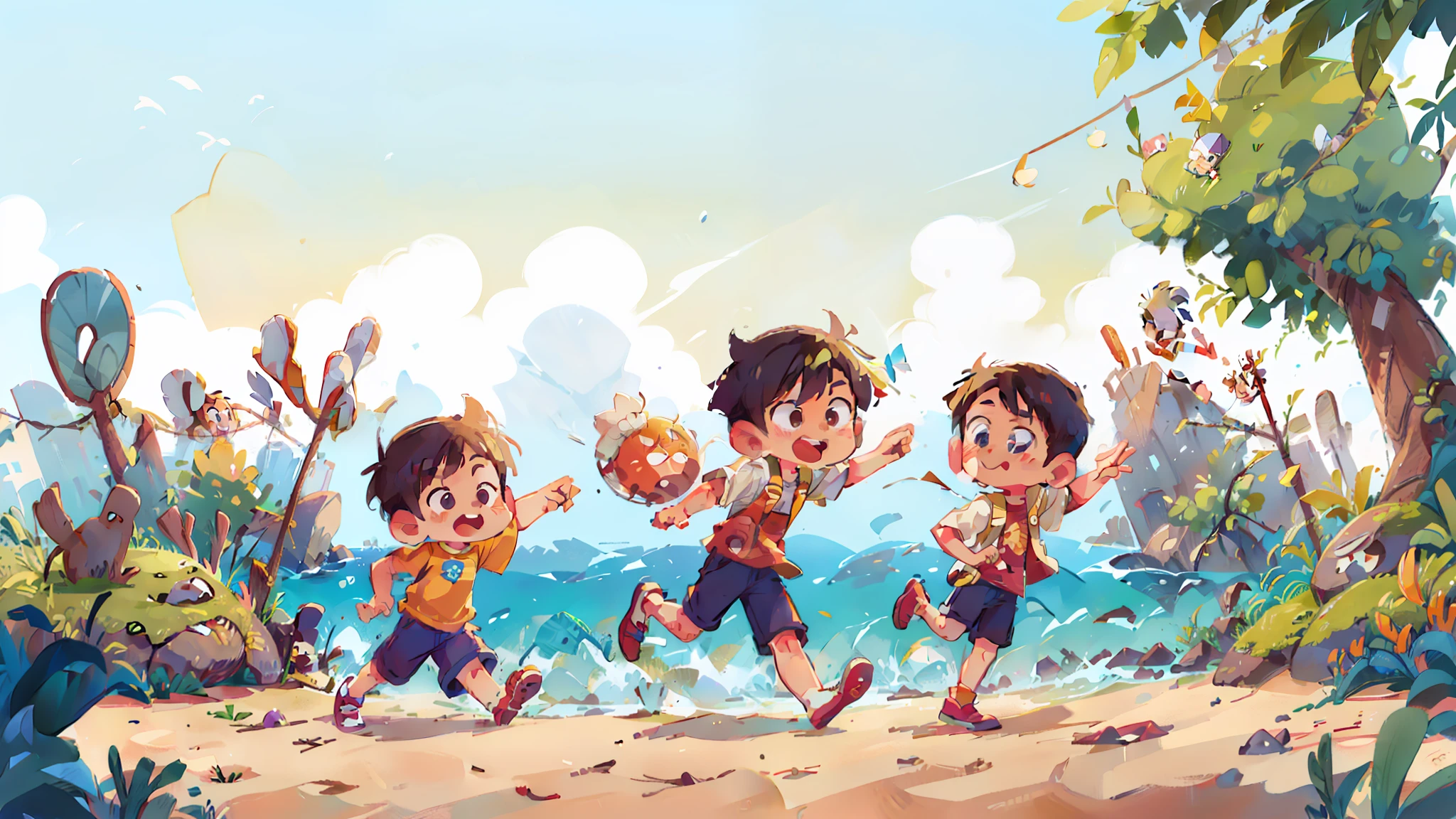 Two handsome boys sunny positive energy boys, an Asian boy, a European boy, chibi proportions, stylish shoes, full body, seaside running and jumping action, background with sun, sand, sea, blender, candy color, fashion trend, super details