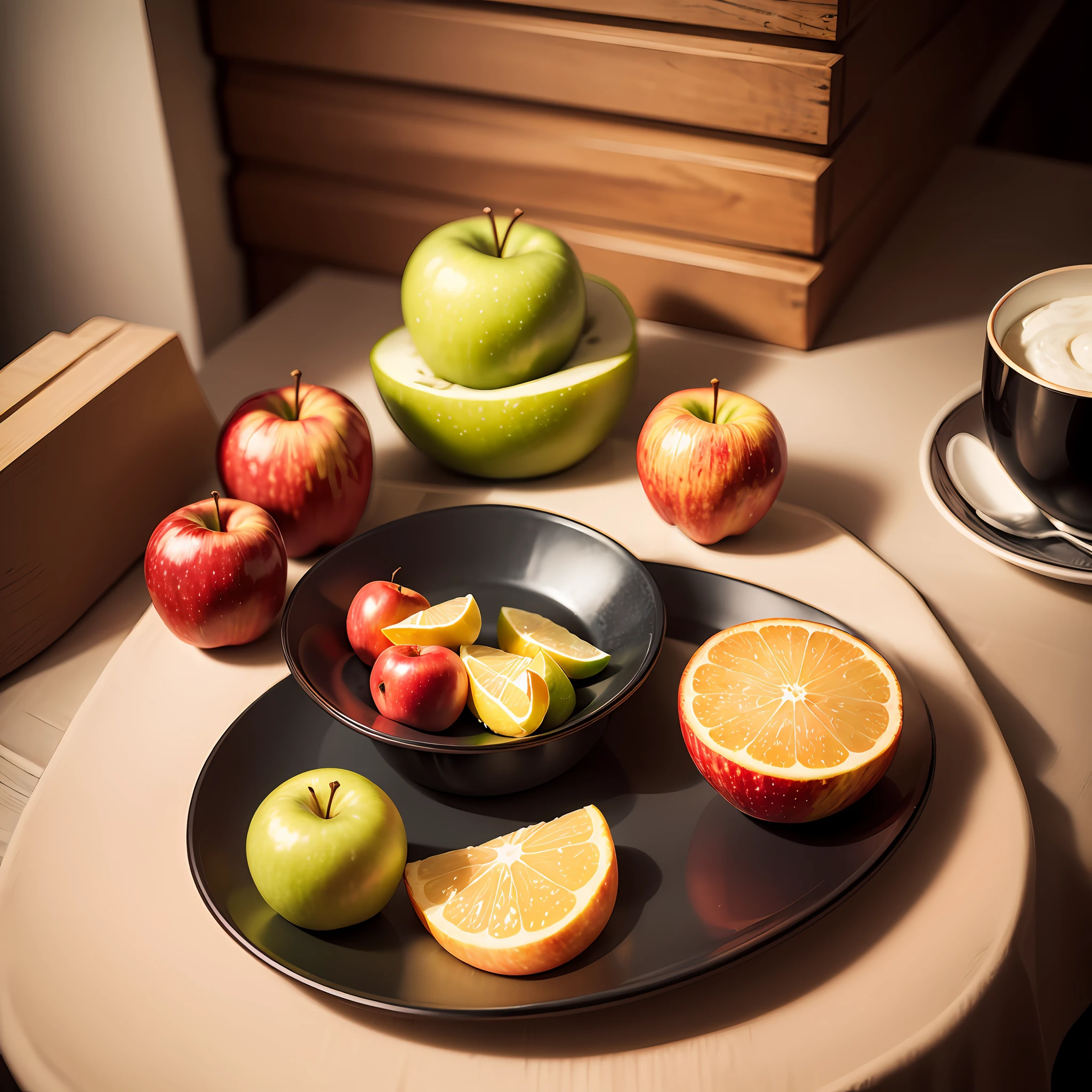 a plate full of apple . photography, professional color --auto