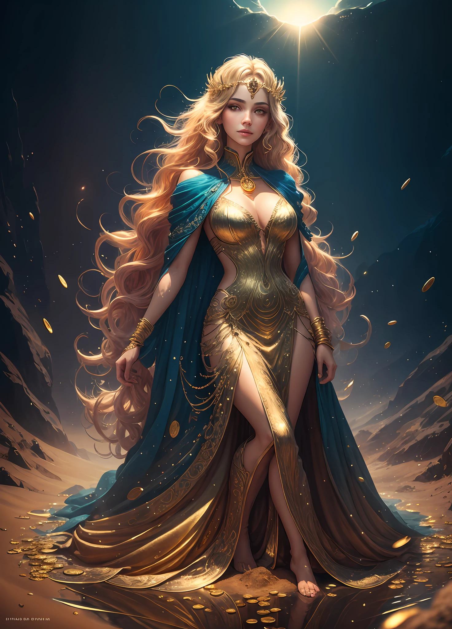 Full body shot, illustration, film light, fantasy, highest quality, super detailed, best quality, masterpiece, (detailed face), tall sexy mature woman, dress made of gold coins chained together, glowing quicksand, floating embers Crystals, golden hair accessories, metal that reflects sunlight, (body focal length: 1.25), clear blue sky, desert ocean in the background, long curly hair, golden eyes, magic, darkness, light reflection --s2
