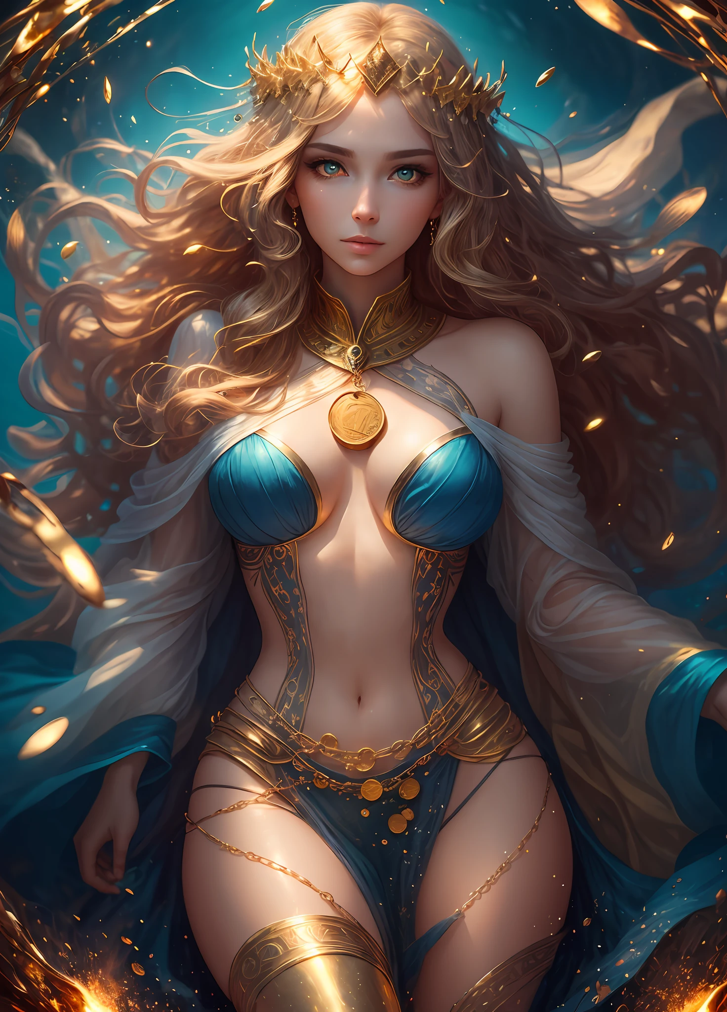 Full body shot, illustration, film light, fantasy, highest quality, super detailed, best quality, masterpiece, (detailed face), tall sexy mature woman, dress made of gold coins chained together, glowing quicksand, floating embers Crystals, golden hair accessories, metal that reflects sunlight, (body focal length: 1.25), clear blue sky, desert ocean in the background, long curly hair, golden eyes, magic, darkness, light reflection --s2