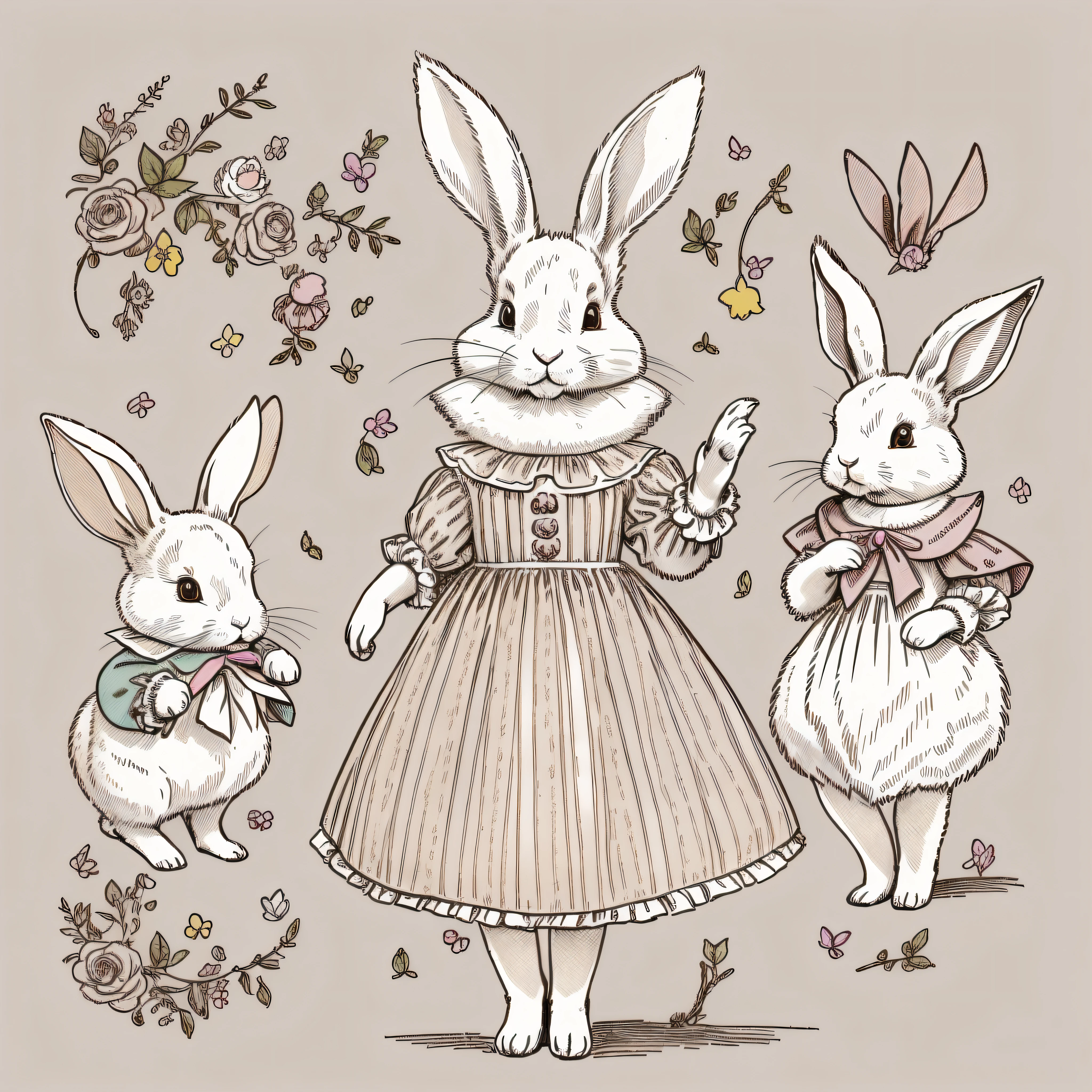 Multiple poses and expressions, children's picture book drawing, dressed rabbit, white rabbit, bipedal, rabbit personification, three-headed, setting drawing, cute, two rabbit ears, color illustration, setting material, colorful colors, deformed rabbit, 18th century french clothing,