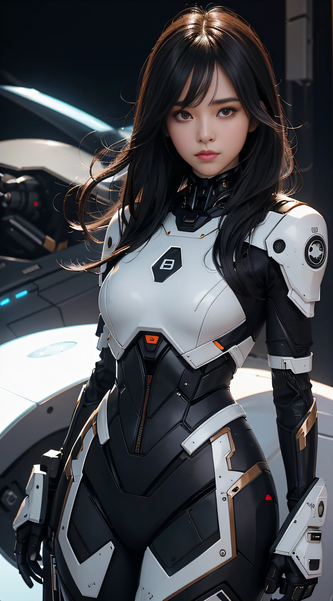 A girl looking at the viewer, front, goose egg face, long black hair, mecha, futuristic, 8k HD picture, more details, solid color background, (upper body: 1.5), brown eyes, light makeup, real, 3d rendering,