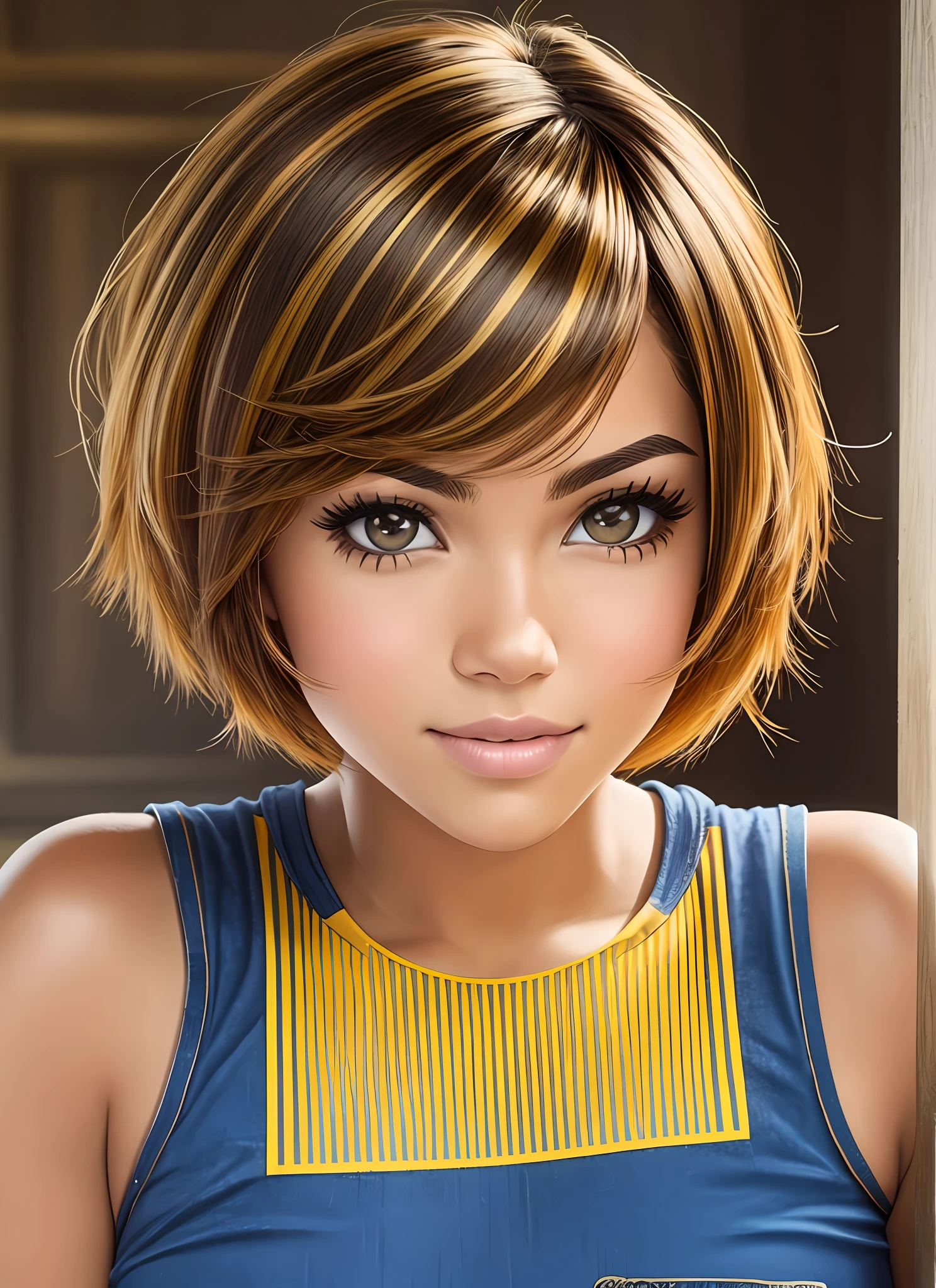 isabelmoner-smf, dora, short yellow tousled ombre hair, haughty look, smirk