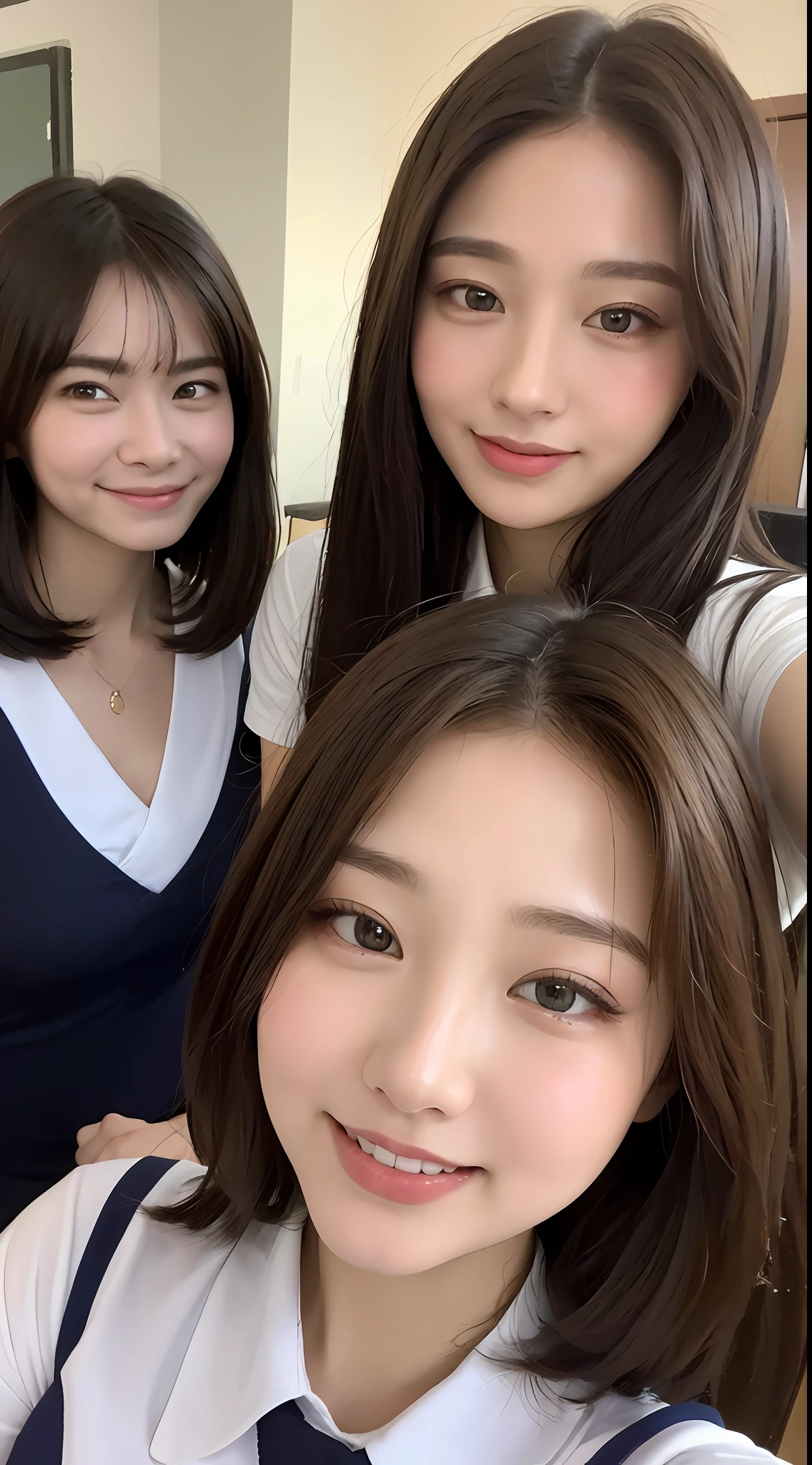 ((The Highest Quality、8k、master masterpiece:1.3))、1女の子、Sorrisos、total body、Slim Faces、a pretty woman、(darkbrown hair)、swimsuits、hyper detailed face、Detailed eye、Double Eyelid、blurred background、Slim Faces、in Japanese school uniform