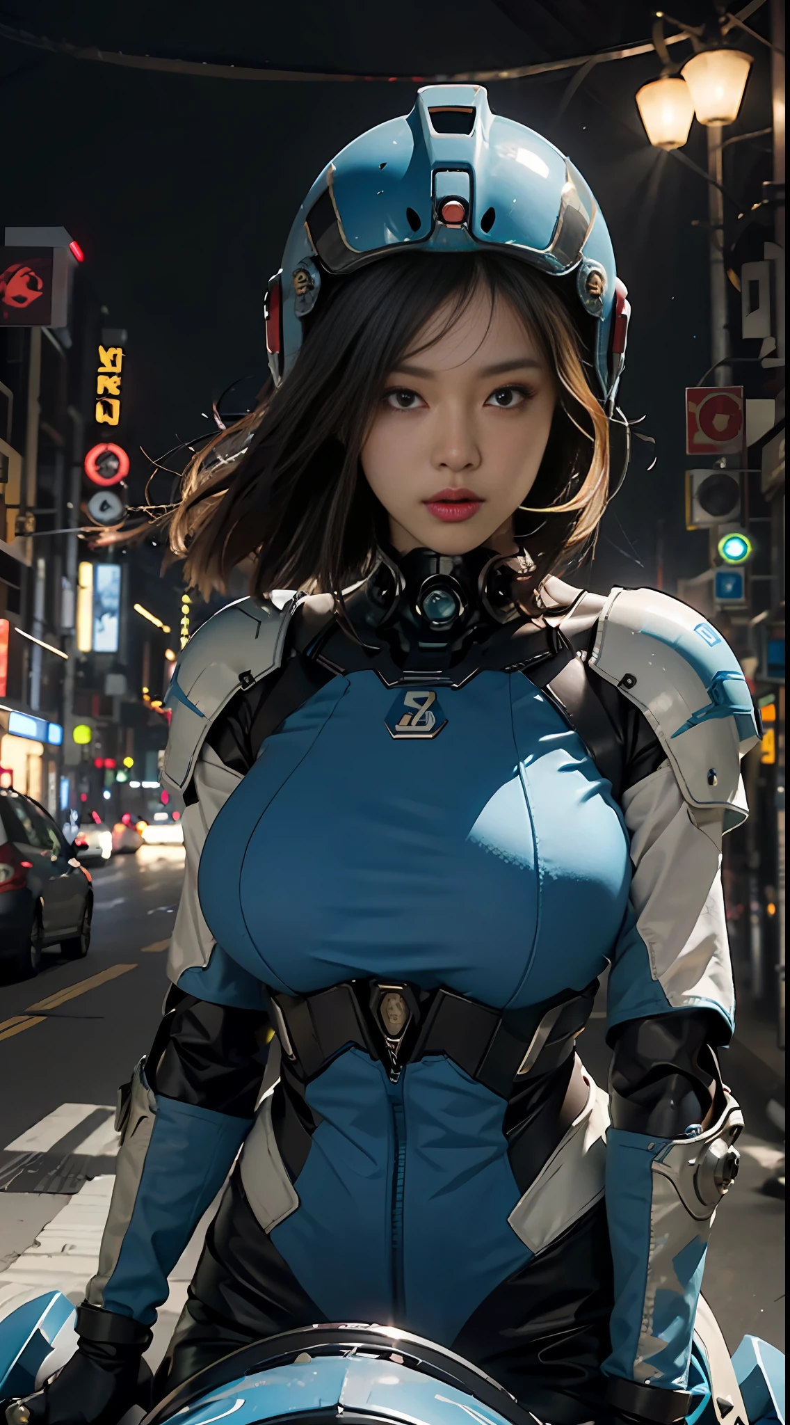 Highest image quality, Excellent Detail, The ultra-great resolution, (Realstic: 1.4), the best illustration, favor details, highly condensed 1girl, with a delicate and beautiful face, huge boobs,sexy dressed in a black and blue mecha, wearing a mecha helmet, holding a directional controller, riding on a mechnized, background is high-tech lighting scene of the future city.