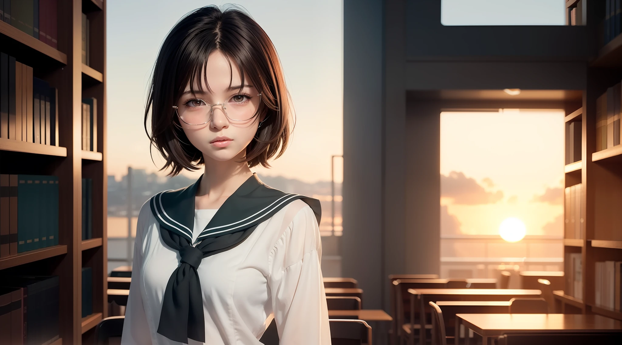 anime girl in a library with a bookcase and a sunset in the background, smooth anime cg art, makoto shinkai. digital render, anime style 4 k, anime visual of a cute girl, beautiful anime high school girl, digital anime illustration, realistic anime 3 d style, detailed digital anime art, beautiful anime portrait, portrait of an anime girl