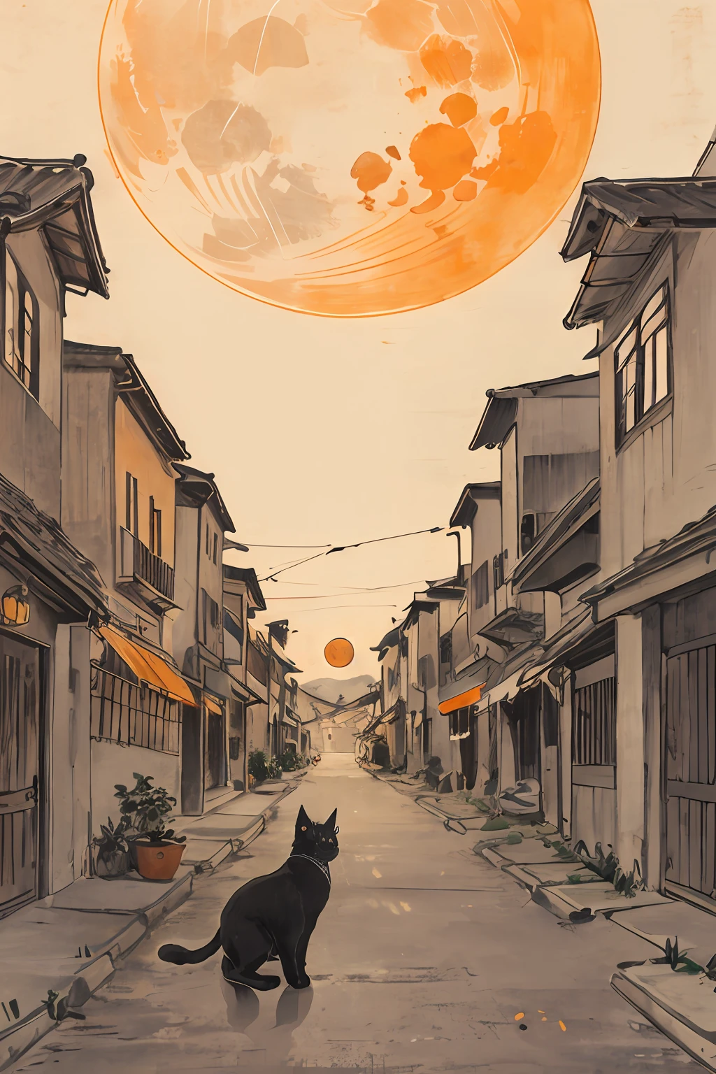 cat, orange, cute, big eyes, masterpiece, full moon, alley