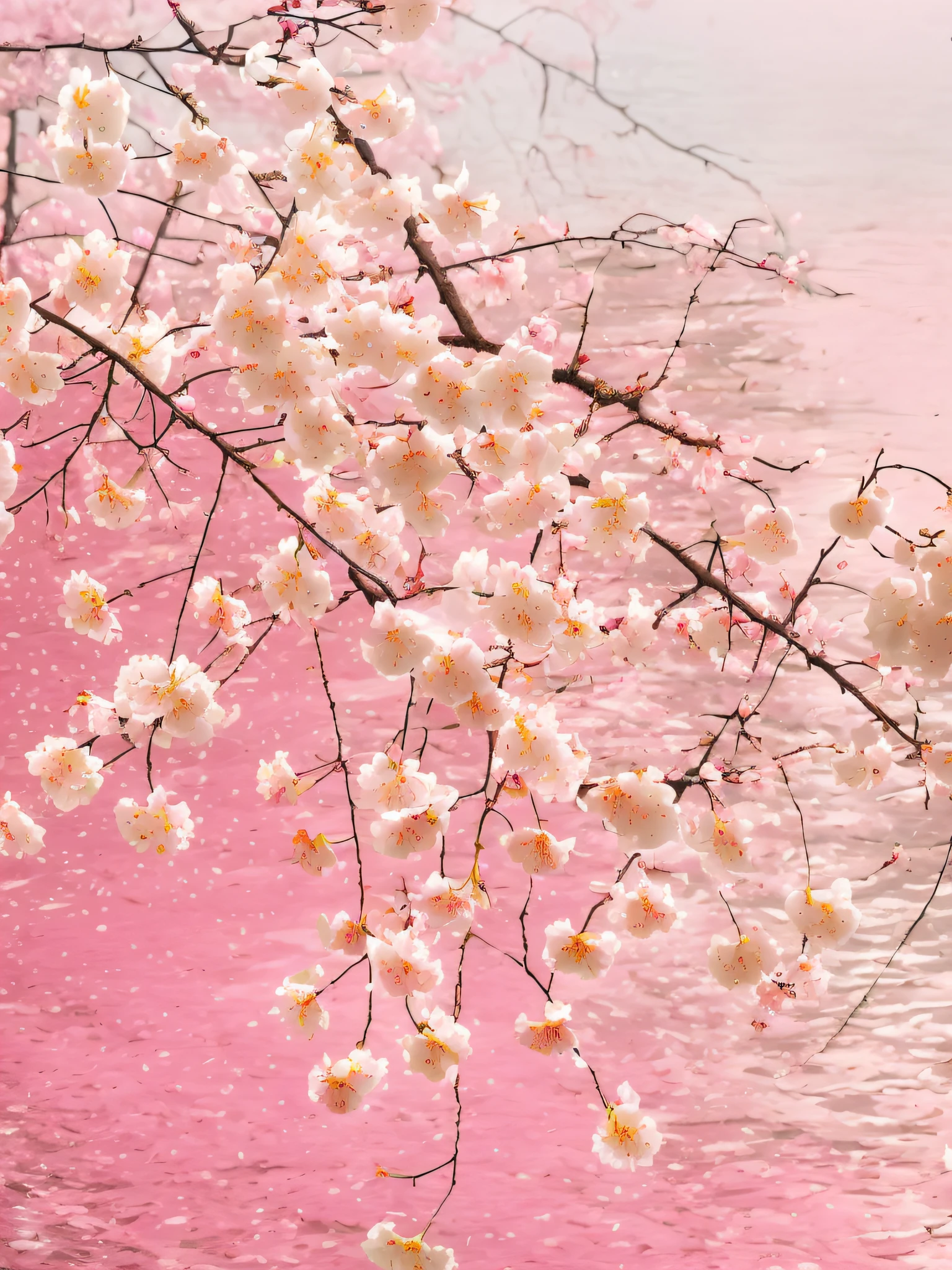 there is a tree that is blooming in the water, cherry blossom falling, cherry blossom rain everywhere, falling cherry blossoms pedals, cherry blossoms in the wind, sakura blooming on background, flowing sakura silk, white blossoms, Cherry Blossoms, fior, falling cherry blossom pedals, cherry blossums, sakura tree in background, sakura flower, lots of sakura flowers