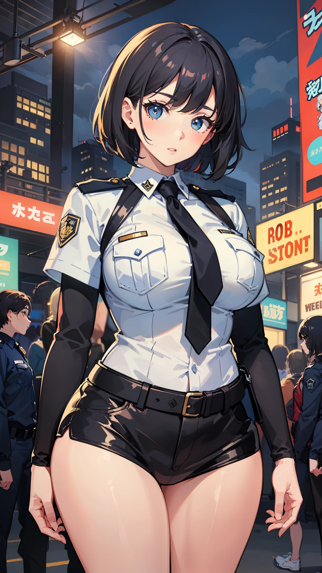 two women,police uniform,posing,standing,large breasts,tall of a person,beautiful face,slanted eyes,big eyes,cool face,short hair,bob hair,medium hair,wave hair,outdoor,night,Crowd of People,illustration style,masterpiece, extremely fine and beautiful,illustration