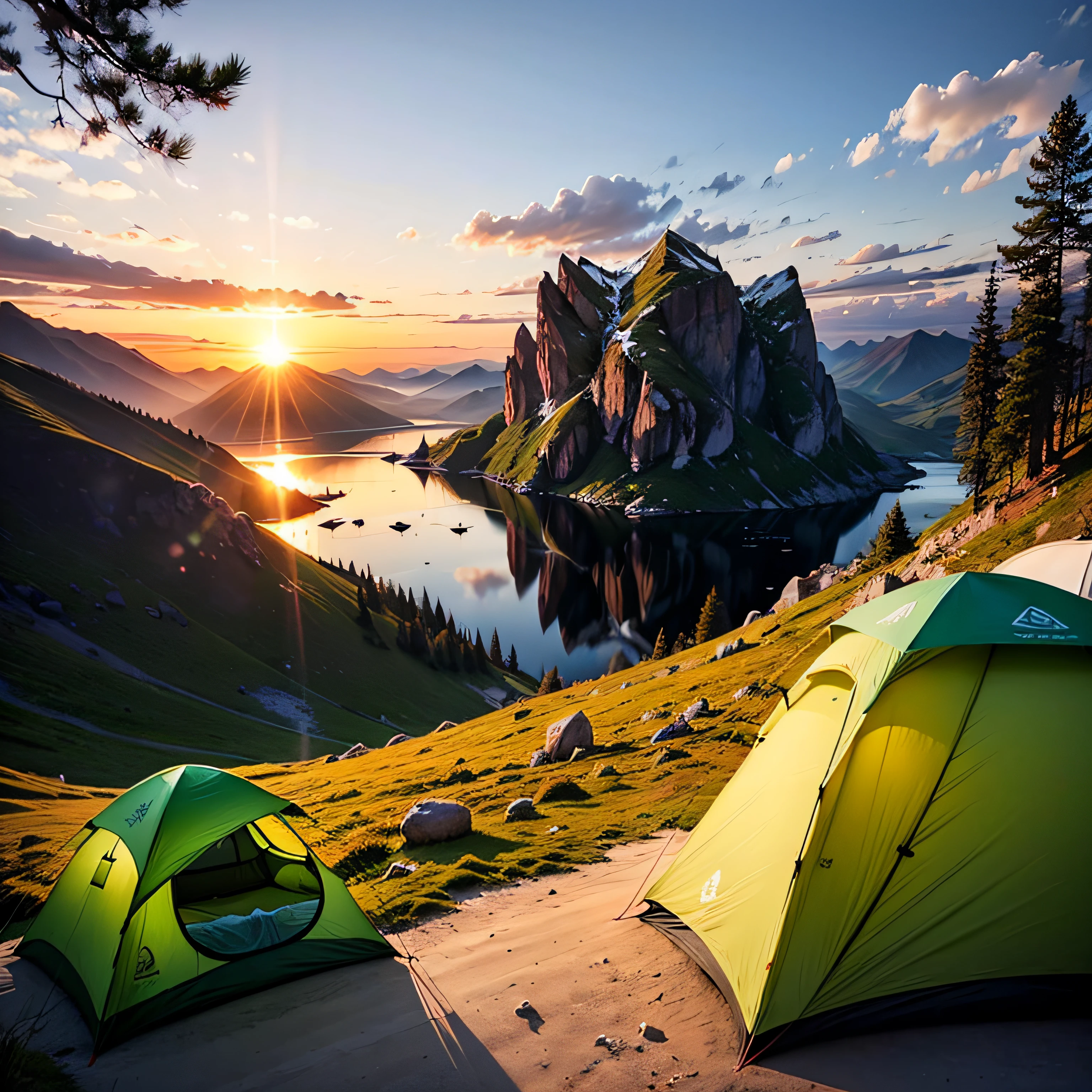 In a beautiful scenic area, there is a sunset shining down on the head of the mountains and waters, and there are tents --auto