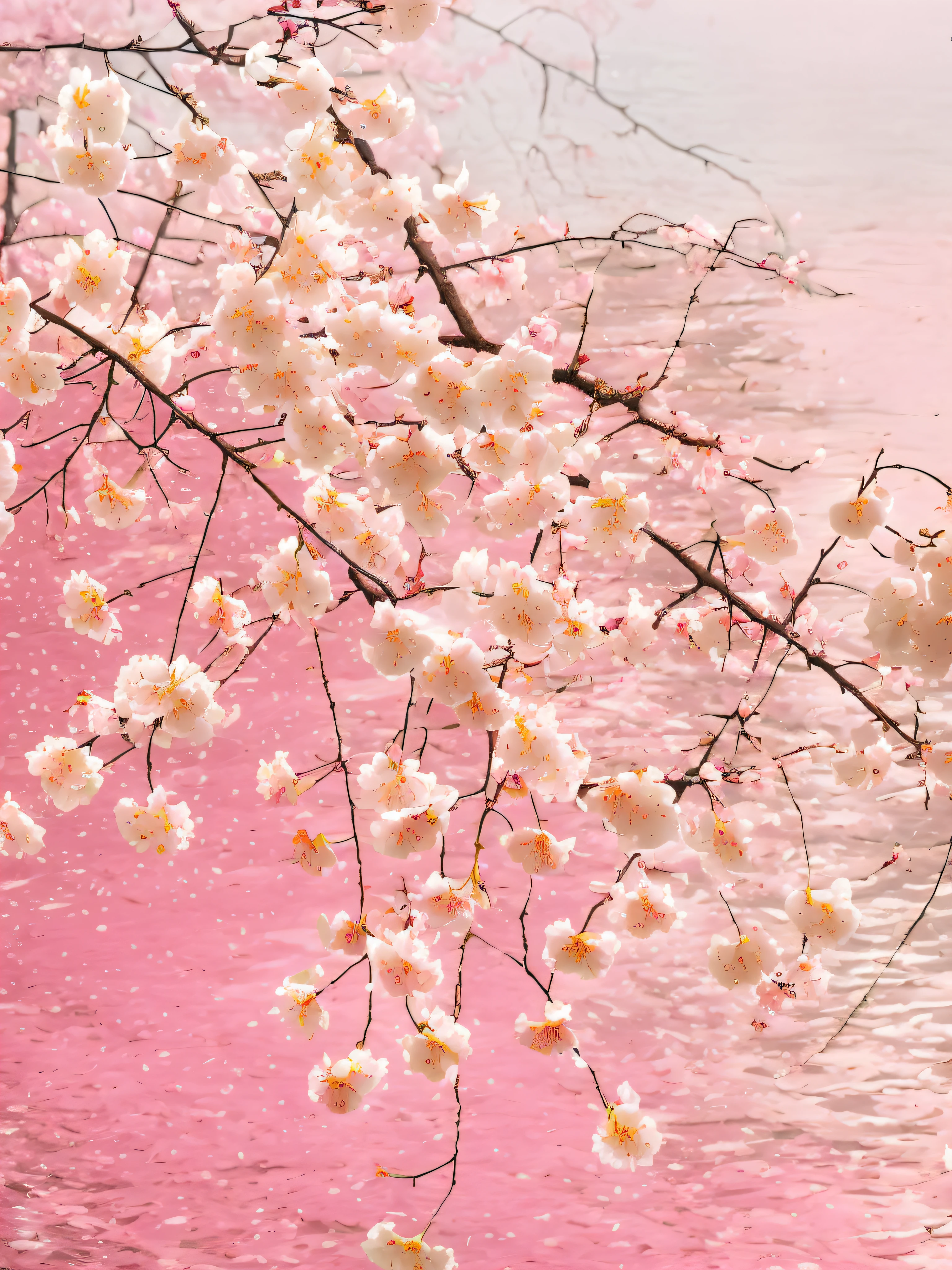 there is a tree that is blooming in the water, cherry blossom falling, cherry blossom rain everywhere, falling cherry blossoms pedals, cherry blossoms in the wind, sakura blooming on background, flowing sakura silk, white blossoms, Cherry Blossoms, fior, falling cherry blossom pedals, cherry blossums, sakura tree in background, sakura flower, lots of sakura flowers
