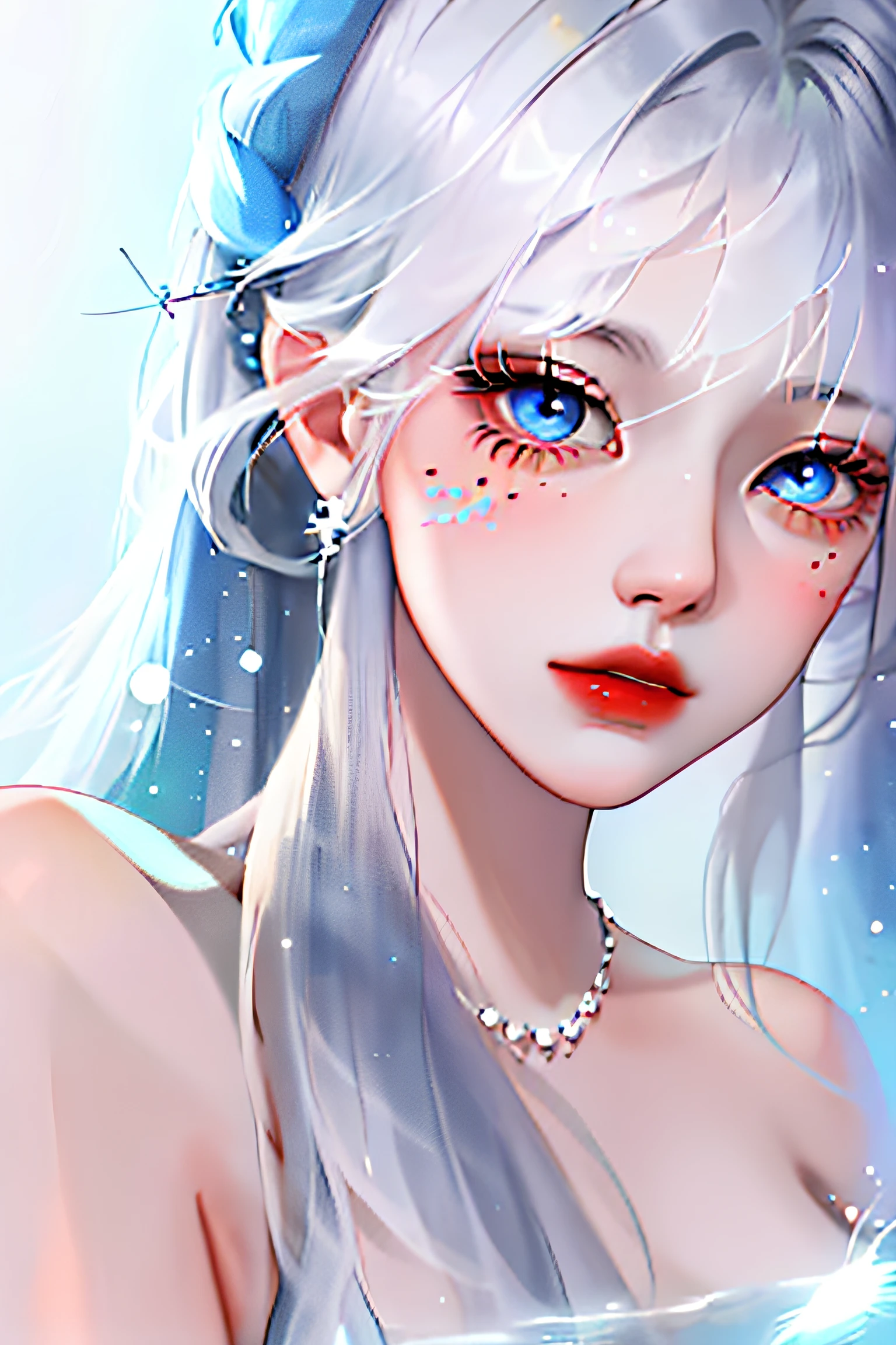 High horsetail,(master masterpiece,best best quality:1.2),(super meticulous),(illustartion),The face is super delicate,The eyes are delicate,Focused eyes,deep feeling,blue pupils,Finger Detail,Glowing skin,Ceramic version of the skin,redlips,Close up of a,Shying,looking at the viewers,dynamicpose,,1girl,Disheveled gray hair,White dress,bare leg,bare feet,Bare arms,total body,(Surrounded by colorful splashes and dots),Colored bubbles,(Shiny),with a simple background,White gradient background,
