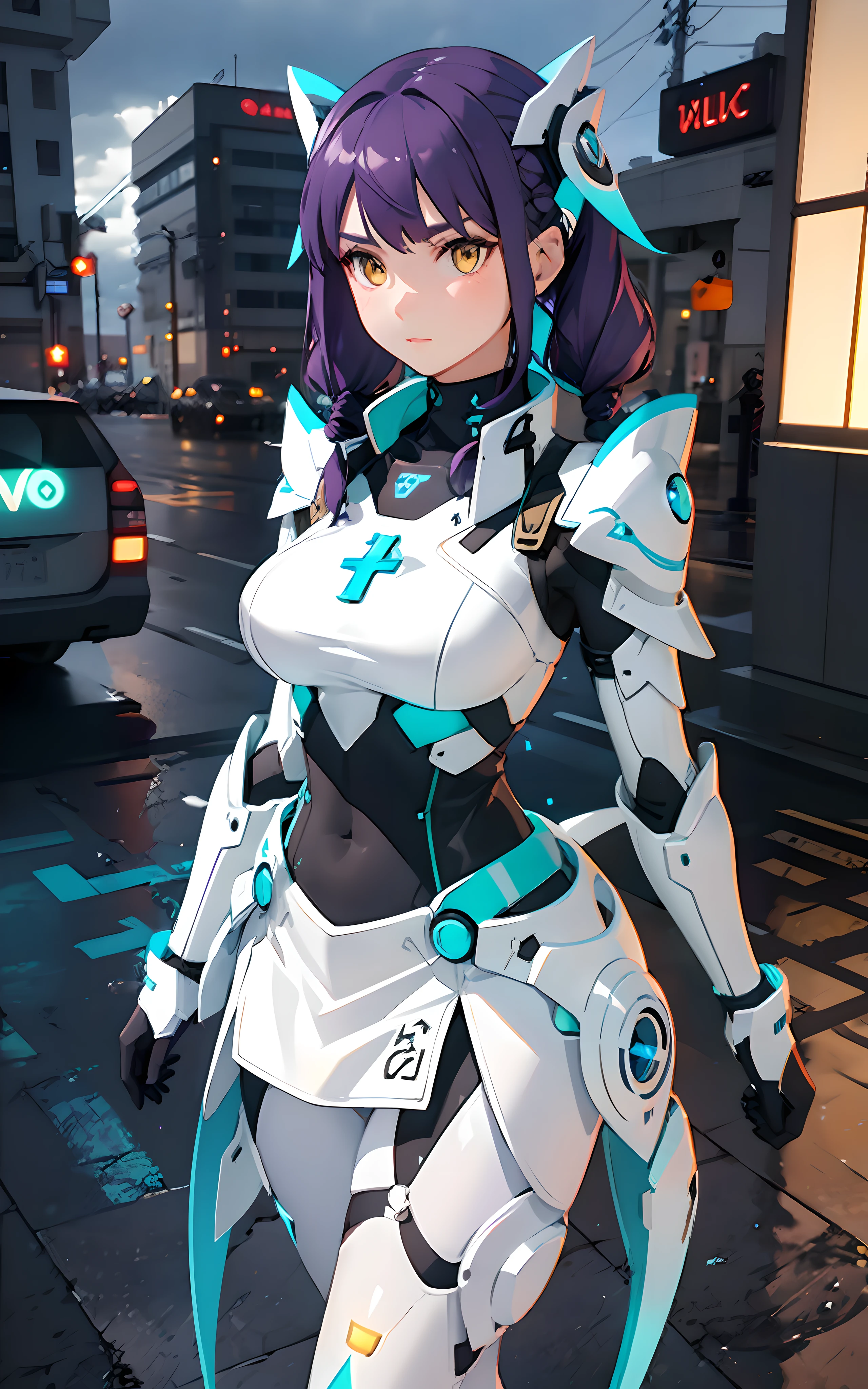 complex anime 3d render ultra detailed, (((masterpiece))), (((best quality))), ((ultra-detailed)),(3D Cartoon rendering),(from side),cinematic light,((single mechanical girl)),({best quality}),(Ultra Fine),(full detail),delicate youthful face,well_developed curves,hourglass_figure,perspective,beautiful_face,high_quality_outfits,futuristic_outfits,silght_blush,full_body,full detail face,protective outfits,Honkai_Impact,sexy,anatomical,Ray Trace;
(purple hair:1.5),indigo hair tips,aqua ahoge, (violet drill twintails with hairpin at end),(two long fin-shaped mechanial white and aqua hairpins,pointing upwards),one long white mechanic triangle tipped head oranment,(silver headband around forehead);(exquisite gem-like yellow eyes:1.6,white cross pupil),cyan goggles on headwear ,aqua frame,aqua lens;one hexagon aqua locket on breast;
Futuristic battlesuit,armored battlesuit,combat ready,covering all body,white armor streamlined shoulder pads,black long slender sleeves,ceramic mechanic white arm bracers with aqua trims,white bracelets,black gloves,white vest,white tanktop with aqua_colored traces,black armored corset,two glowing aqua buttons on corset,aqua zipper along corset,v-shaped white waistband with four gadget holsters,aqua waistband,(white scifi armor dress,knee-length aqua edged hems),(,white and aqua-edged armor tassets),(white pantyhose) with hexagon aqua linings,silver waistband with gadget holsters,knee bracers;silver mechanic boots,heeled boots; White mechanic backpack on back;
Rainy weather,night,clouds in background,heavy rain weather,raindrop on face,clear sky in background,standing,overlooking city from midair,calm expression,vigilat gaze,stretching hands,standing,looking forwards