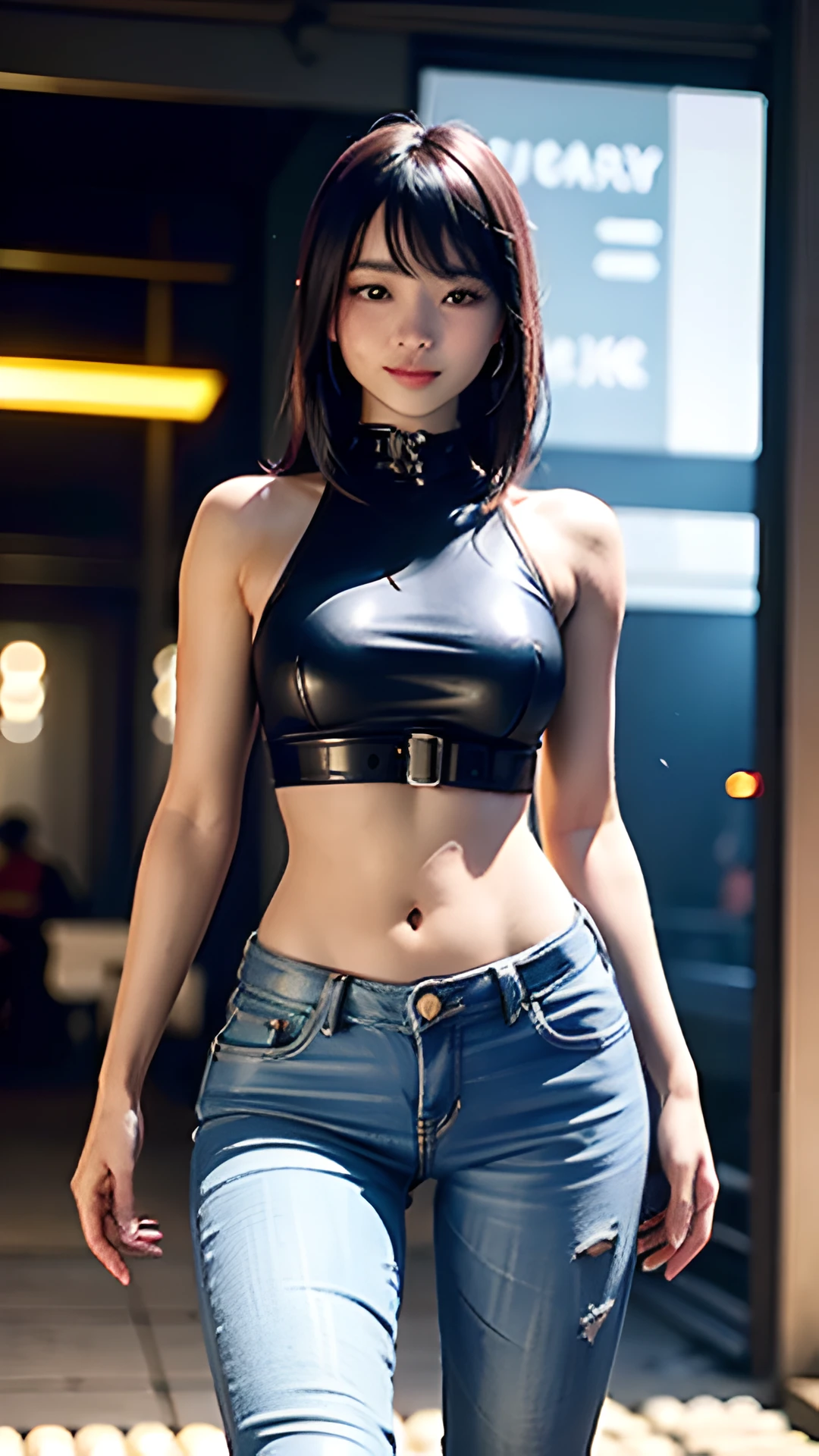 ta,, Sorrisos, 20 years old, ((best best quality)), ((master masterpiece,)), (high sharpness:1.3), 3D, beautiful (cyberpunk:1.3), stylish woman looking at camera black leather clothes, sleeveless, embarrassed, waist skin invisible, blue color、-Black Jeans