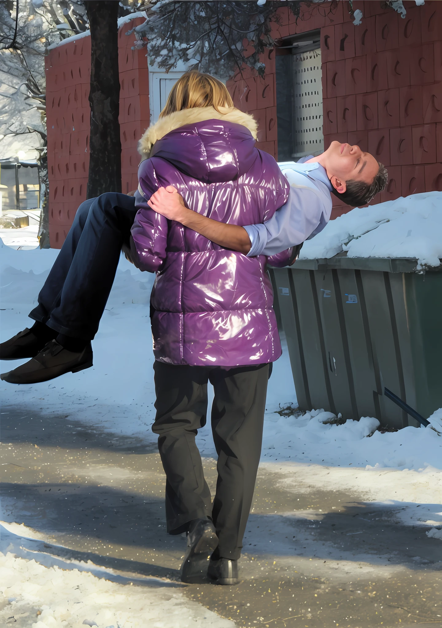 affection pose, lecherous action pose, dramatic action pose, theatralic pose, woman that is carrying a skinny man, there is a beautiful woman in a shiny coat who is carrying a blond man in her arms, a longhaired beautiful woman in a high-shine black puffy coat, a longhaired woman in a shiny downcoat, a woman is carrying a shorthaired man who is wearing black shorts, a weak man in black shorts is consciousless and needs to be carried, a shorthaired man with closed eyes is carried in the arms of a longhaired woman, a woman looks very scared and terrified, a consciousless man with closed eyes is suffering very much and has a very painful face, photo, photo shoot, photographed , accident, help, aid, first aid, pity