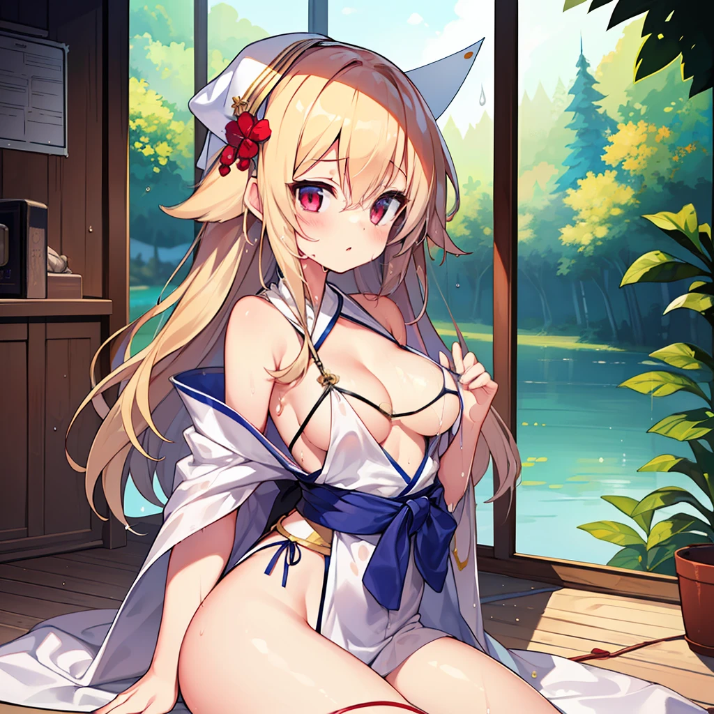 (MASTERPIECE), (Best Quality), (Ultra Detail), (Best Anatomy), Official Art, One Girl, Lori with Light Colored Hair, Petite  Girl, Priestess, Silk Hakama, Small Breasts, Cleavage, Off Shoulder, Side Boob, Thigh Focus, Wet Sheer, Chest Stretching, Card Illustration Style, Shrine, Lake