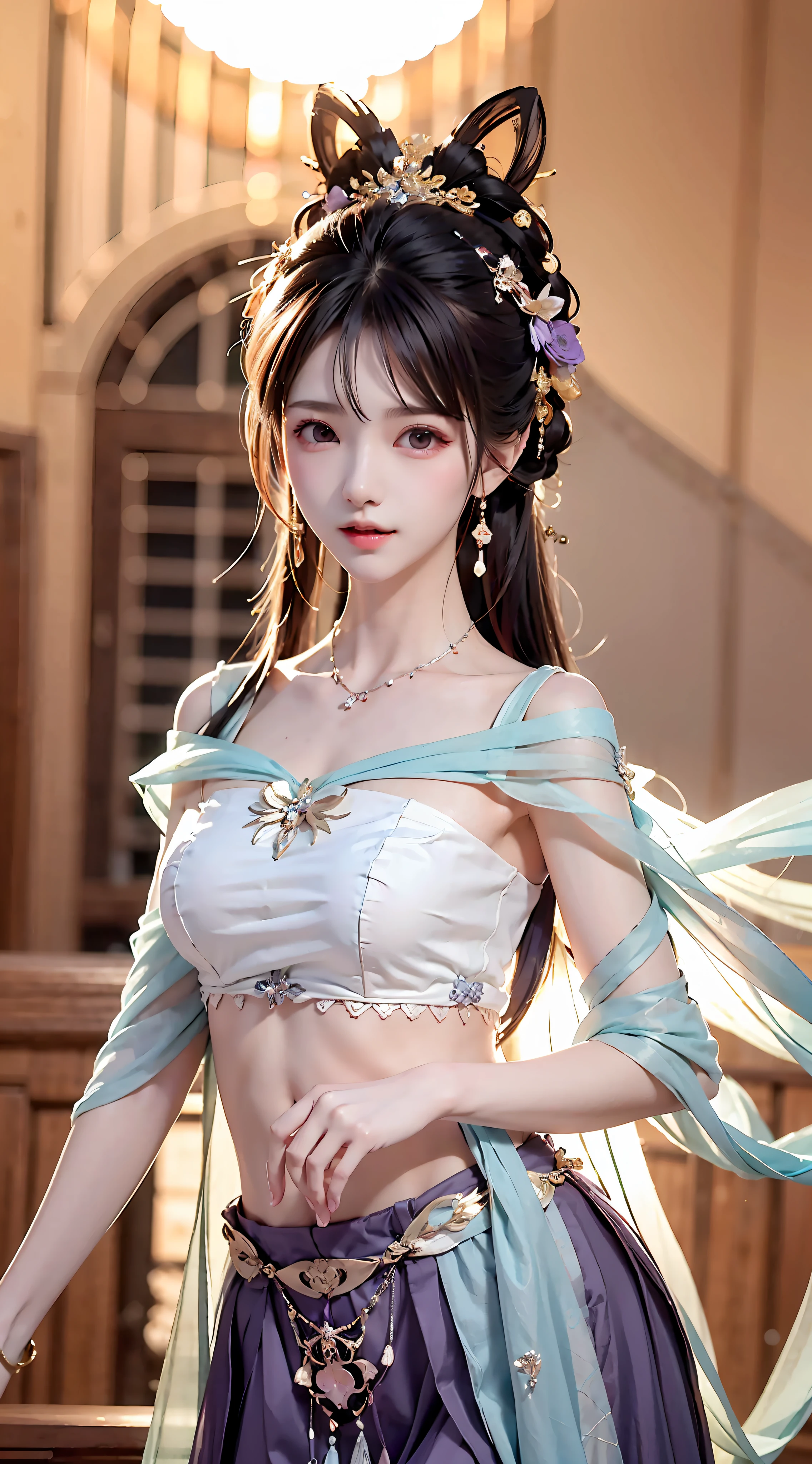 Bust photo, a beautiful woman, messy hair, girly, symmetrical bun, hair accessories, jewelry, delicate face, eye shadow, purple top, purple, purple, crop navel, purple long skirt, Dunhuang style, delicate embroidery, silver decoration, silver streamer, white streamer, light blue streamer, delicate skin, soft light effect, delicate and smooth hair, delicate details, eye highlights, fair skin, fine portrayal, extreme details, cinematic quality, thin, slender, broken, hair details, thin bangs, shawl hair, right body, shadow, air bangs, 8K, super fine, fine fabric texture, soft, supple, smooth texture, Dunhuang style, delicate pattern, correct hand painting, anatomical correct, accurate, night, dark night, lighting, Tyndall effect, ray tracing, HUD, outdoor, outdoor, desert