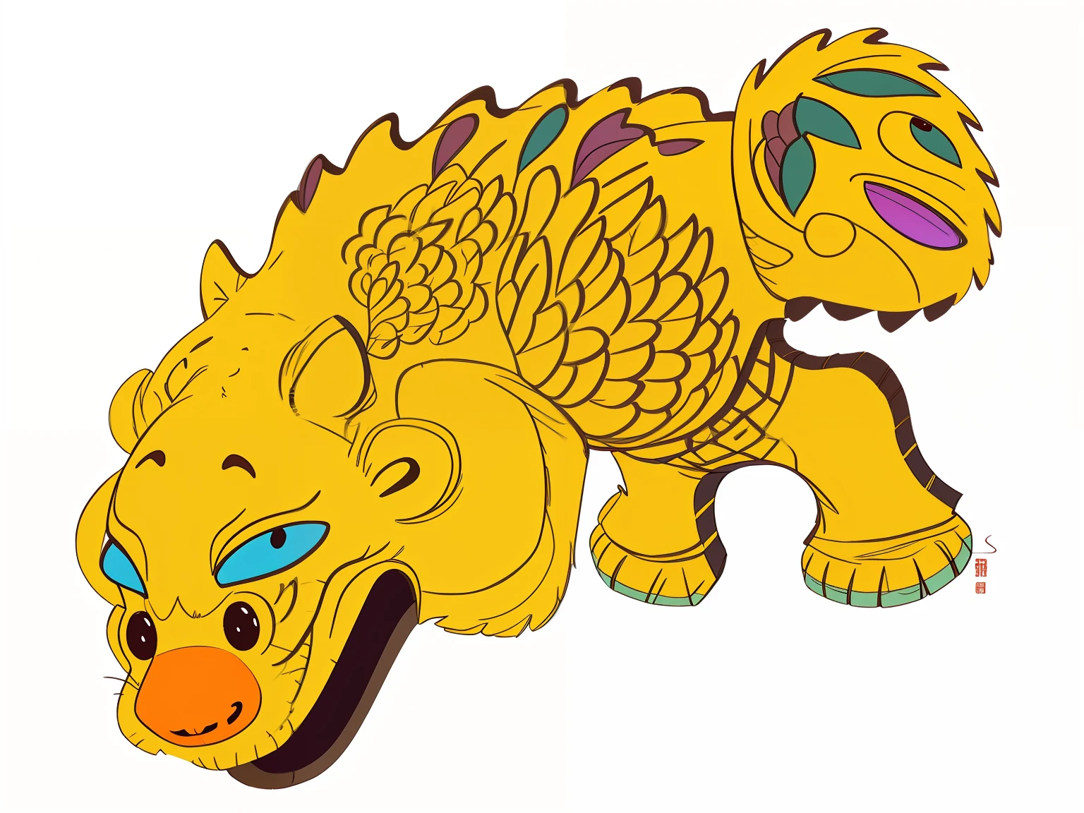 Cartoon tiger head，Mouth slightly open，Colorful lines on the back，Colored back，Fish scale back，The tail is fluffy，animals、 - shaped statue, stunning visual, Anthropomorphic tiger, intriguing details, medium gargoyle soft light, finely painted, great detail, Decorated with traditional Chinese motifs, detailed image, vintage old, Illustration hand drawn, rounded eyes，Pink ears