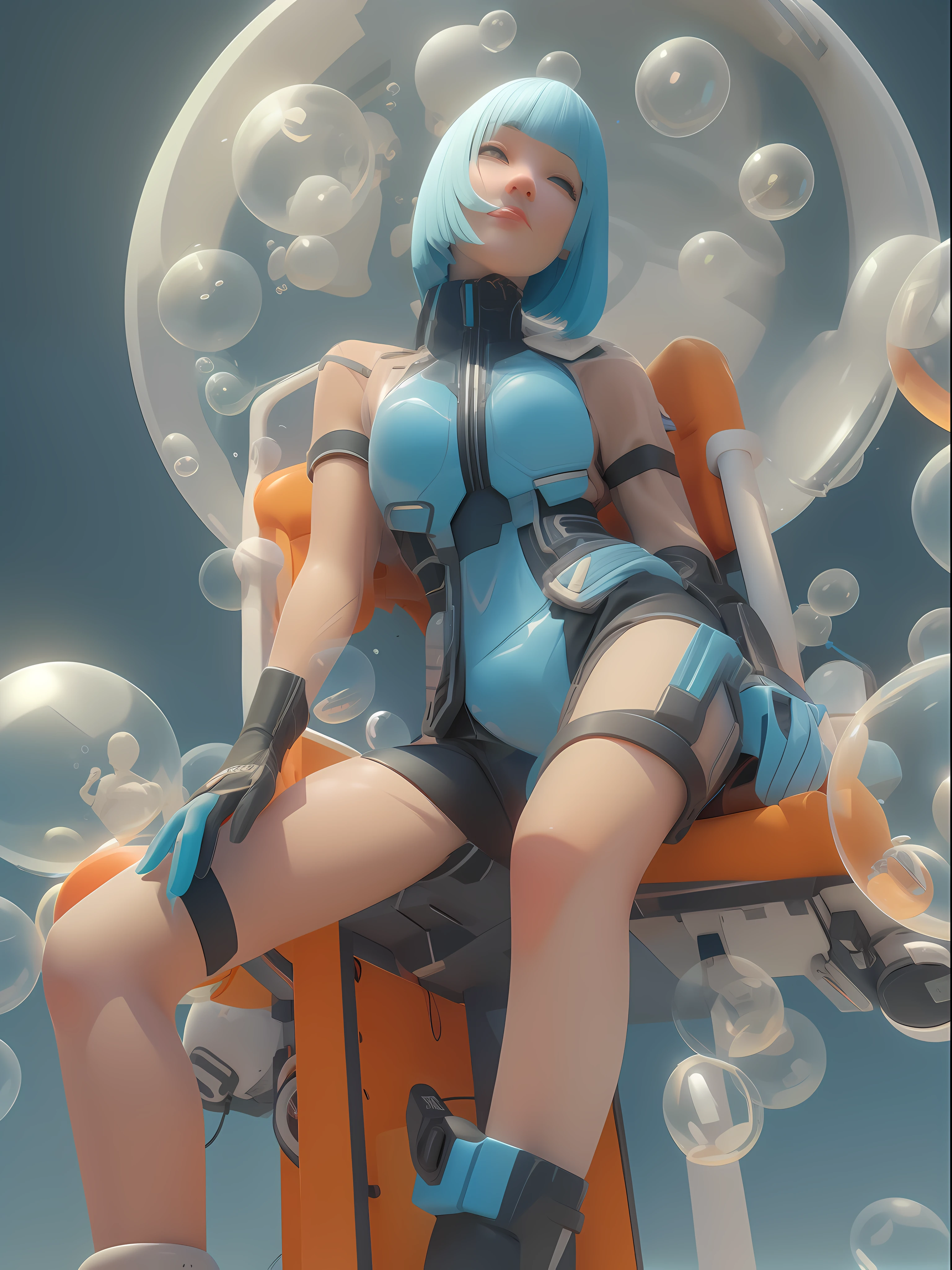 There are a bunch of bubbles in the air, retrofuturistic female android, Woman sitting in a chair surrounded by balloons,  pop japonisme 3d ultra detailed, art noveau，Octane rendering,  Sit on a plastic seat,3d render digital art, moebius，cyan and orange