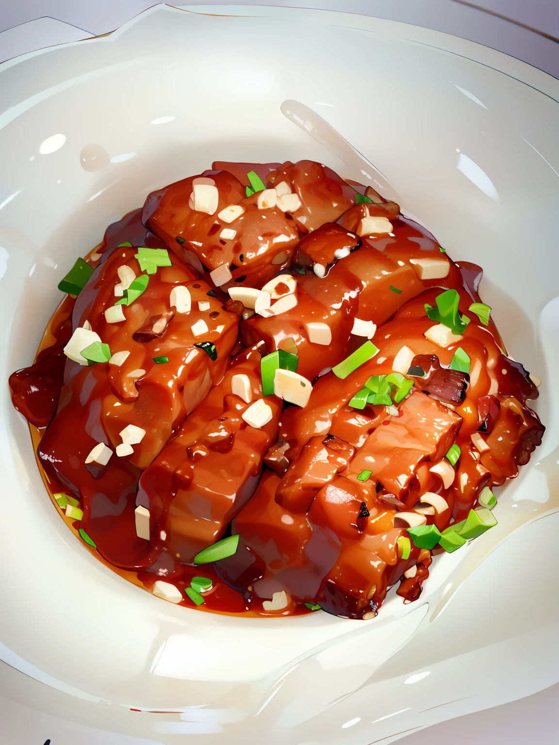 A bowl of Braised Pork with Taro, set against a white background, showcasing the appetizing meat. Scattered green onion slices serve as embellishments, with each layer of meat stacked upon one another.