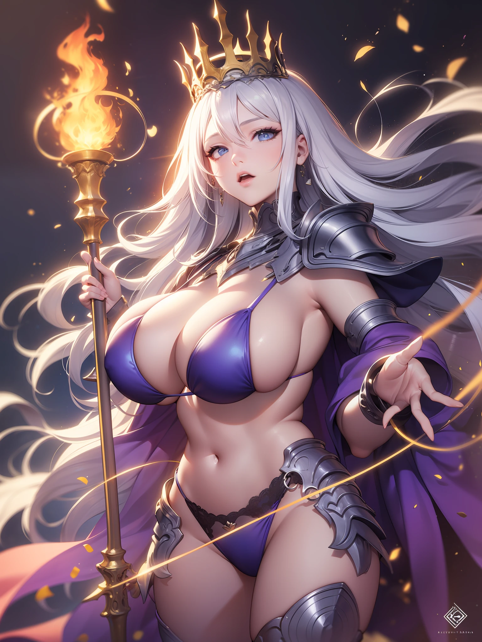 LoveCacao style，official arts, Unity 8k wallpaper, Hyper Detail, master masterpiece，, best best quality, a one woman, (Very Detail),(RAW photo of, best best quality),(realisitc, photorealistic:1.3),high sharpness, opening your mouth lightly, The ultra-detailed complex 3D rendering of face, (big breasts: 8.8), (highlydetailed skin: 1.2), (expose private parts，: 1.1), beautiful caucasian woman with big ass full soft breasts and white skinThe (topless), ，Boobs, black color hair, blue eyes, long hair, ( ( ( transparent silk pink string micro bikini)), Dynamic Angle, mystical expression, fire glow effect, fantasy background, Rim lighting, sidebrilliance, cinematic light, UHQ, 8k, Filmgrain,Best shadows, Light particles, detailed skin texture, detailed gem armor texture, detailed Face, with their intricate details, super detailed, bright, strong, silver armor, cleavage, slim abs, has glowing weapons, has a shield, pole dron, (beautiful huge crown with detail)), Shiny Eyes, long purple cloak, fantasy，，，，, (realisitc),
