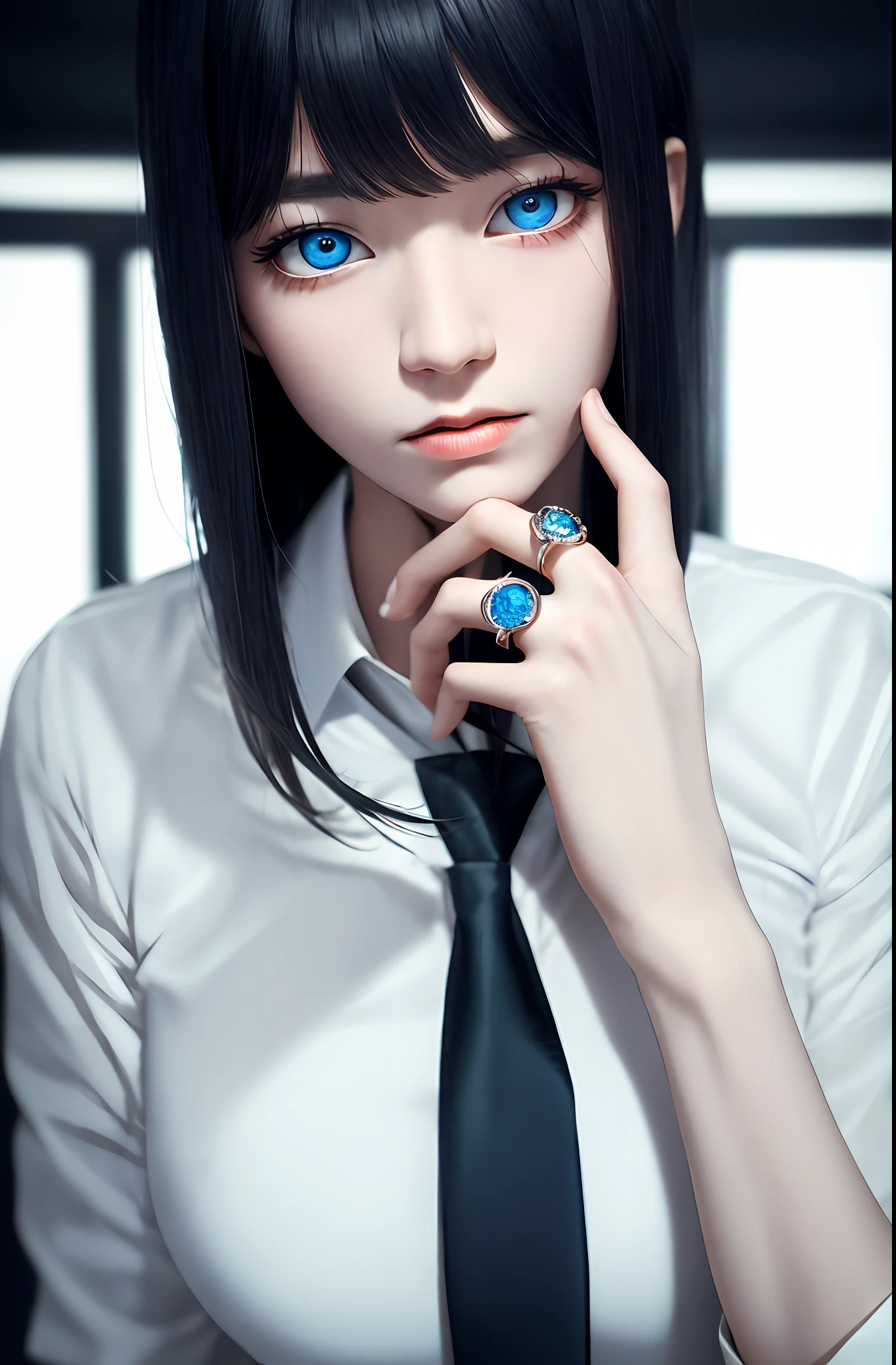 Masterpiece, (Photorealistic: 1.4), Top Quality, Beautiful Lighting, (ulzzang-6500:0.5), Makima \(Chainsaw Man\), (Bob Hair) + (Black Hair) + (Bangs), Blue Eyes, Blue Eyes, (((Ring Eyes)), (White Shirt), (Tie), RAW Photography, 8k UHD, Film Grain