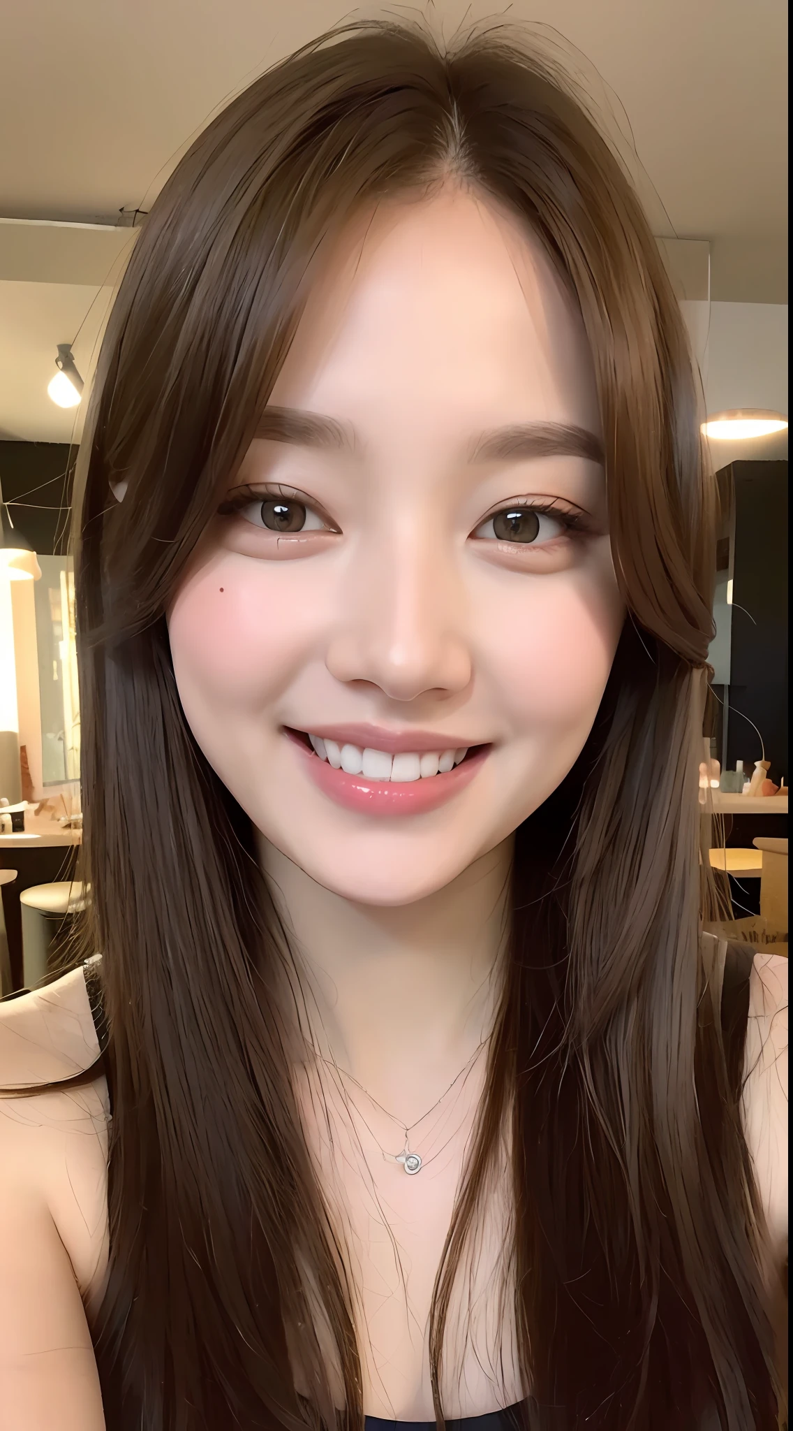 ((The Highest Quality、8k、master masterpiece:1.3))、1女の子、Sorrisos、total body、Slim Faces、a pretty woman、(darkbrown hair)、one piece、hyper detailed face、Detailed eye、Double Eyelid、blurred background、Slim Faces、cafes