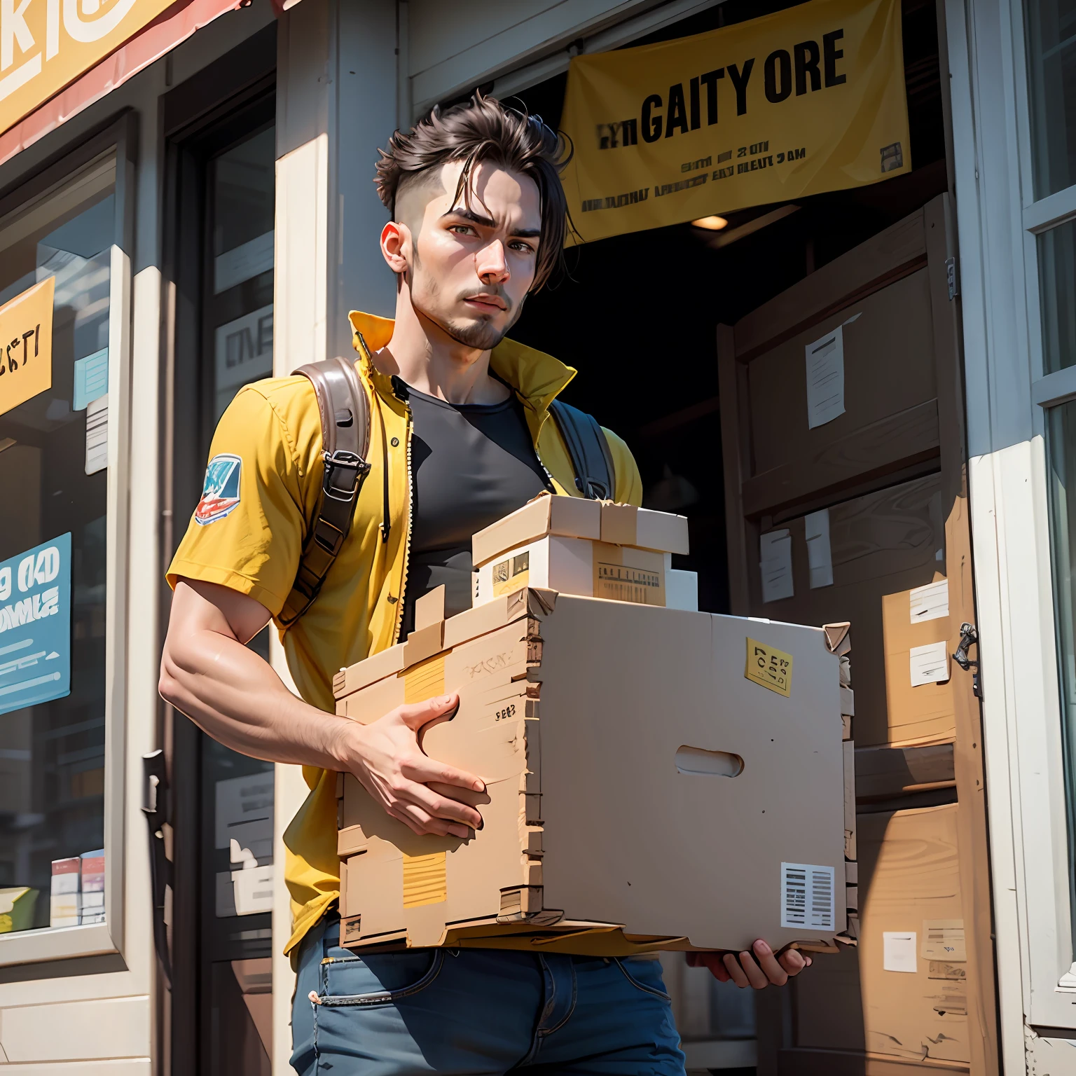 Yellow mech,man,crates,Arm details ,Carrying a takeaway box,out door,charachter:Takeaway --auto