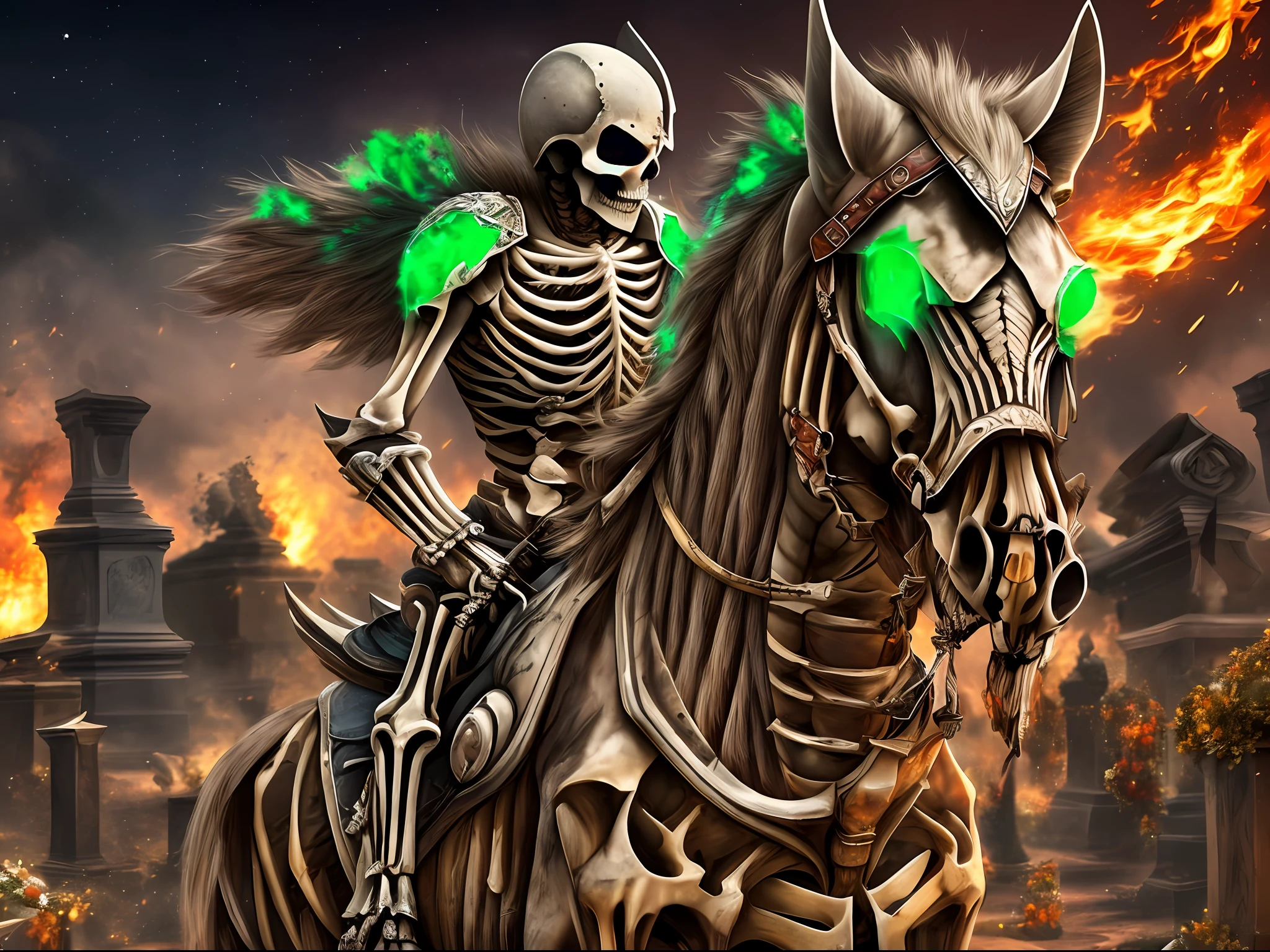 8K, Masterpiece, UHQ, Extreme Details, (A skeleton warrior，Wearing tattered armor，green soul fire in his eyes)，Riding a  horse pieced together from bones, Patrol the cemetery at midnight --auto