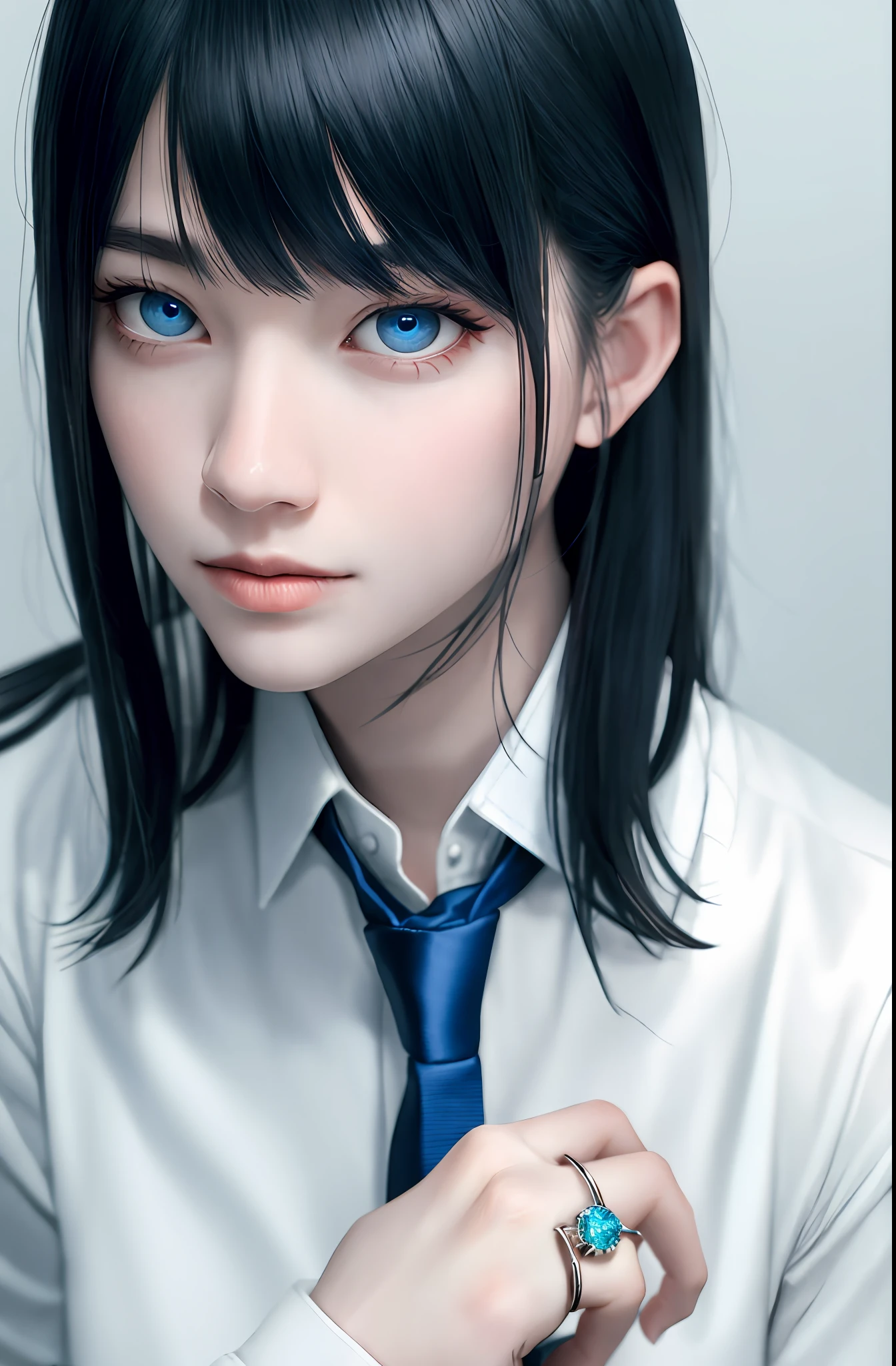 Masterpiece, (Photorealistic: 1.4), Top Quality, Beautiful Lighting, (ulzzang-6500:0.5), Makima \(Chainsaw Man\), (Bob Hair) + (Black Hair) + (Bangs), Blue Eyes, Blue Eyes, (((Ring Eyes)), (White Shirt), (Tie), RAW Photography, 8k UHD, Film Grain